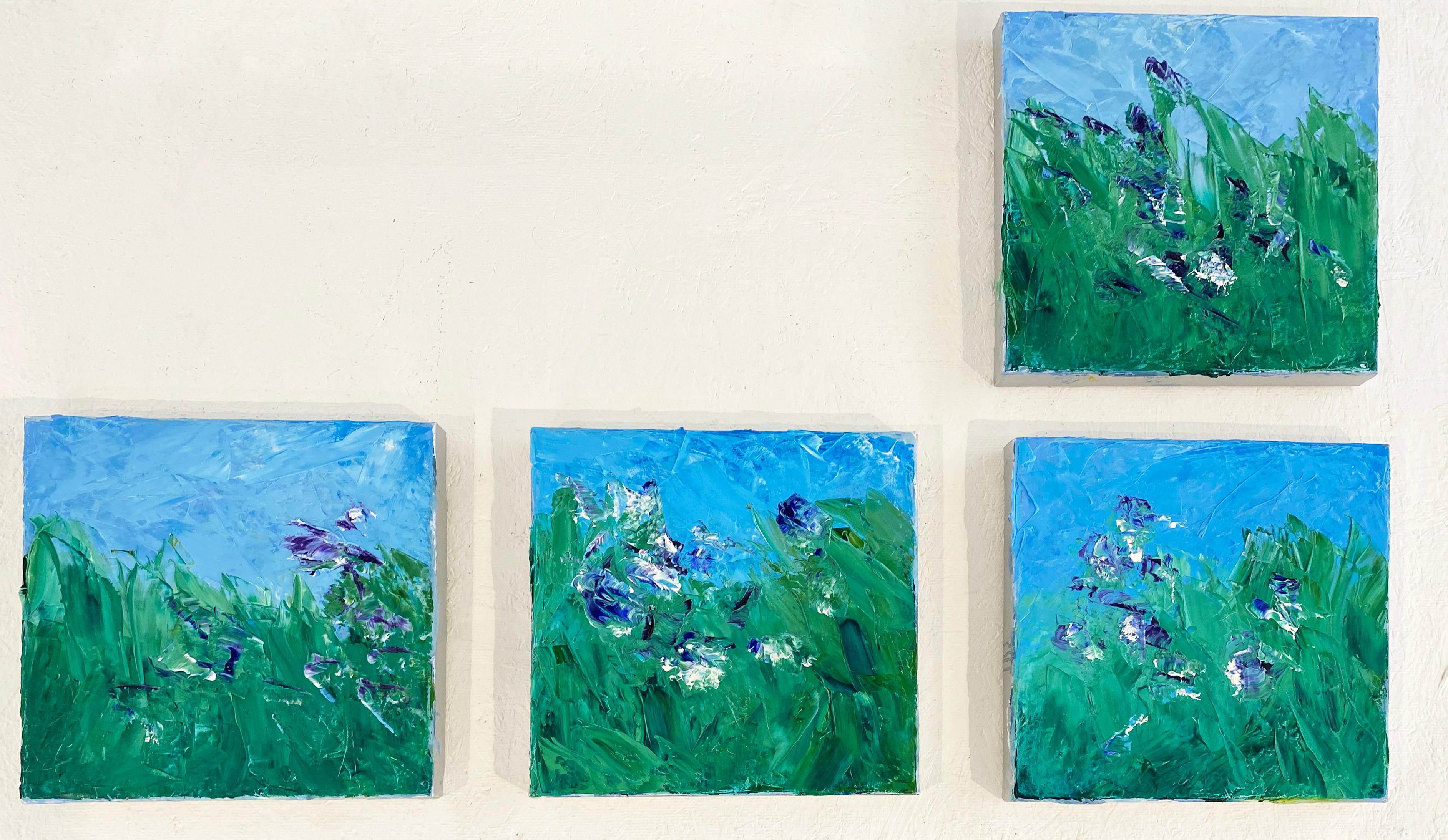 This small oil painting on canvas is a highly-textured abstract floral painting. Abstracted green grass is speckled with strokes of purple and white flowers, with a pale blue sky above. The artist uses a palette knife to layer on oil paint, which