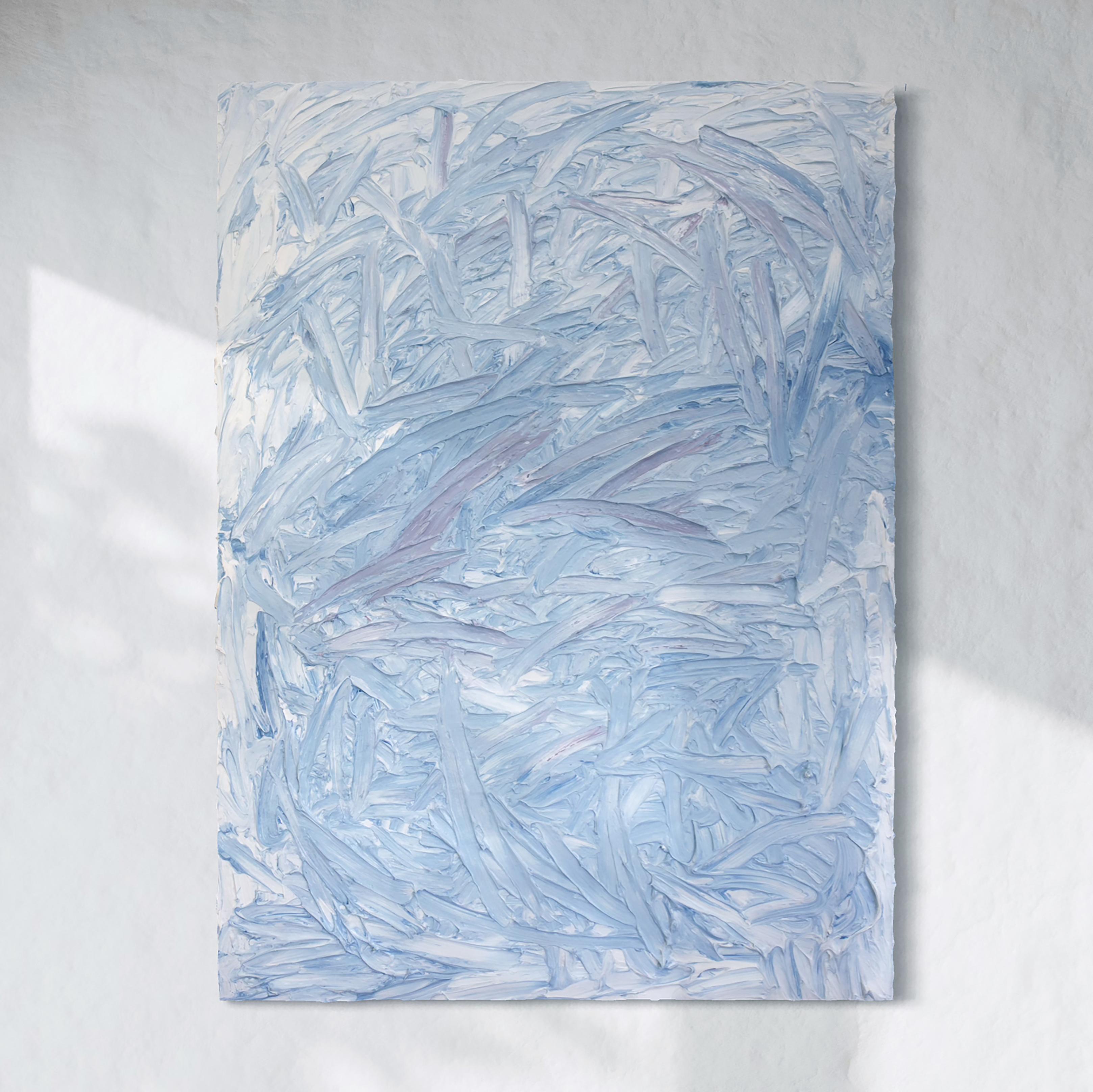 This abstract painting by Teodora Guererra features a cool, serene palette of icy blue, soft gray, white and hints of lavender. Created with a different sized brushed and palette knifes, the composition is built through layered, multidirectional