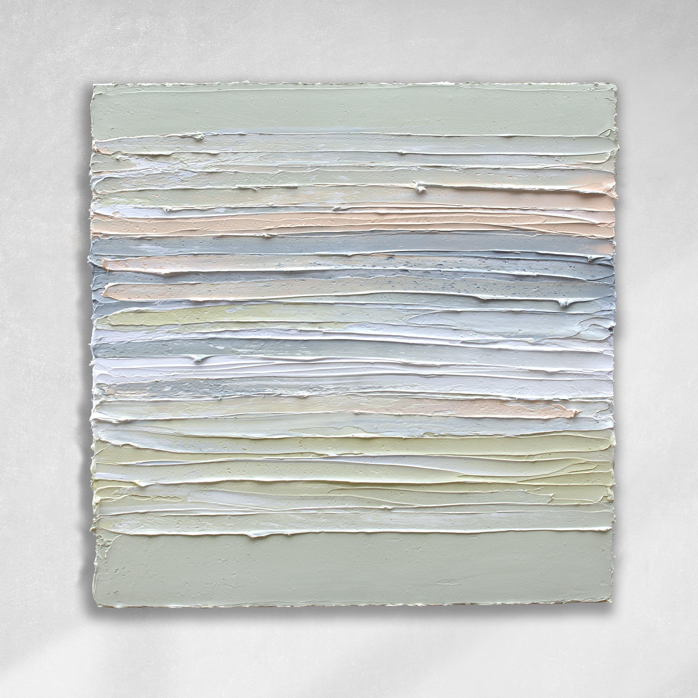 This abstract painting by Teodora Guererra features a light palette with light, muted green at the top and bottom, and other accent colors toward the center of the composition including white, grey, and light orange and yellow. The artist applies