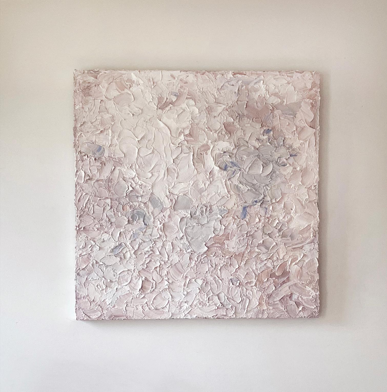 This medium-scale, abstract statement painting is made with oil paint on gallery wrapped canvas. Thick strokes of Gamblin's new grays are layered and layered until the surface feels sculpture like. Small areas of rose and lavender grey can be found