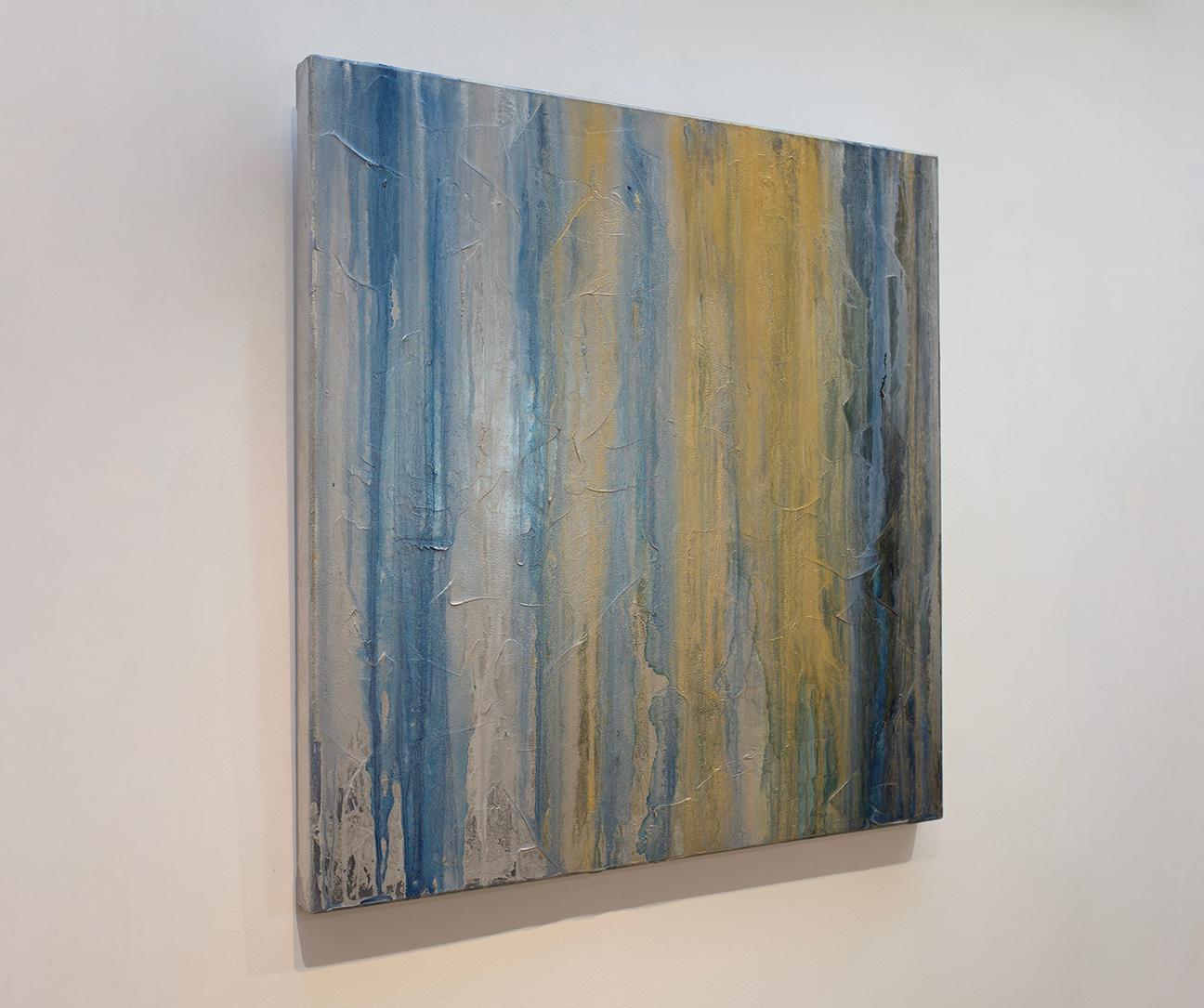 Sand, collection, contemporary, minimalist, colorful, drip, layers, mist, fog, grey, gray, blue, ice, series, influenced by Pat Steir.

Each painting is 30 x 30 inches hung together across they are over60 inches.  If spaced more depending on your
