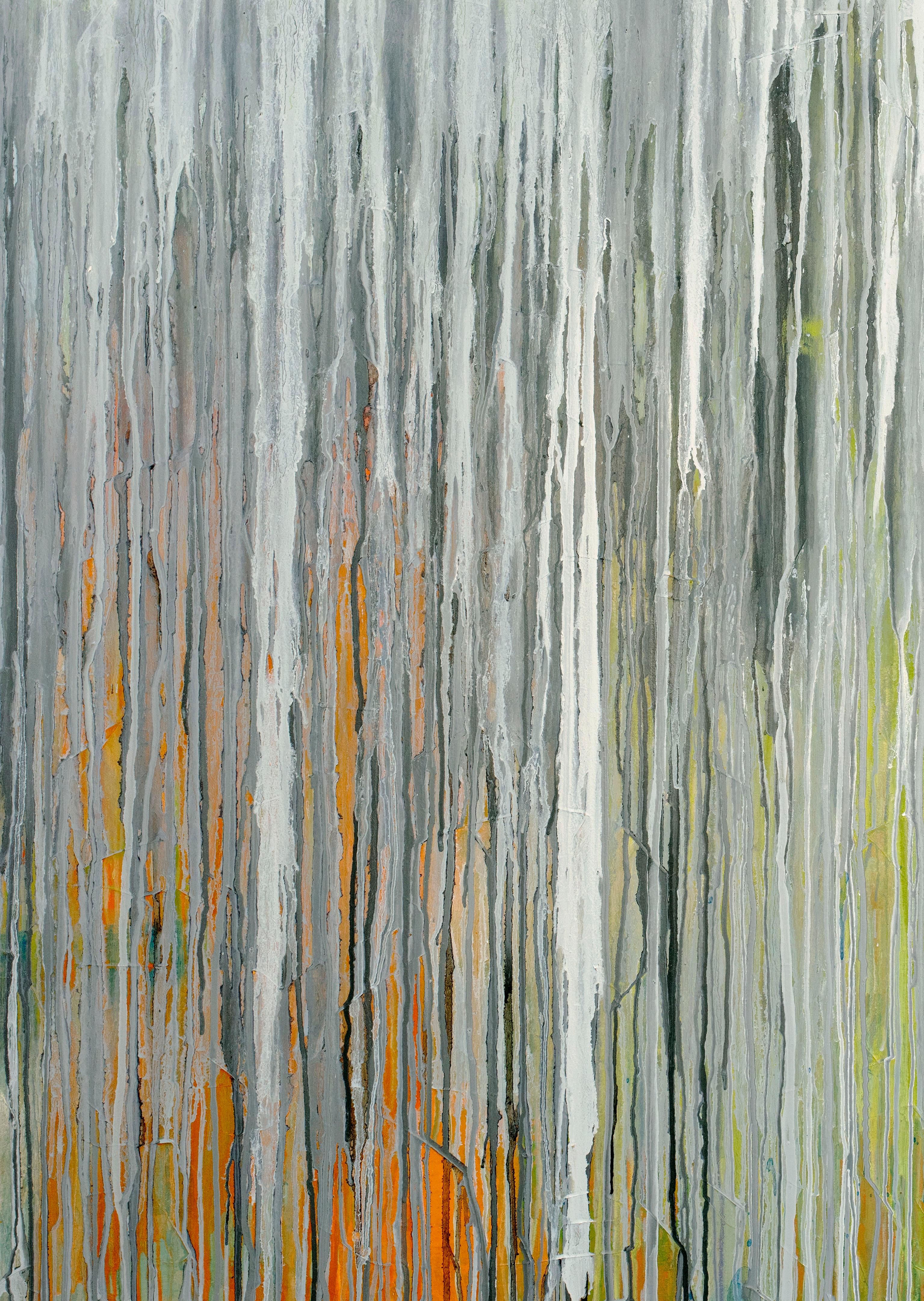 Abstract, contemporary, drip, navy, blue, silver, gold, orange, grey, yellow, green, layers, texture, Pat Steir, modern, abstraction, soothing, calm, spa, waterfall, river. Gallery wrapped canvas, 

Canvas sides are painted silver. Ready to hang. If