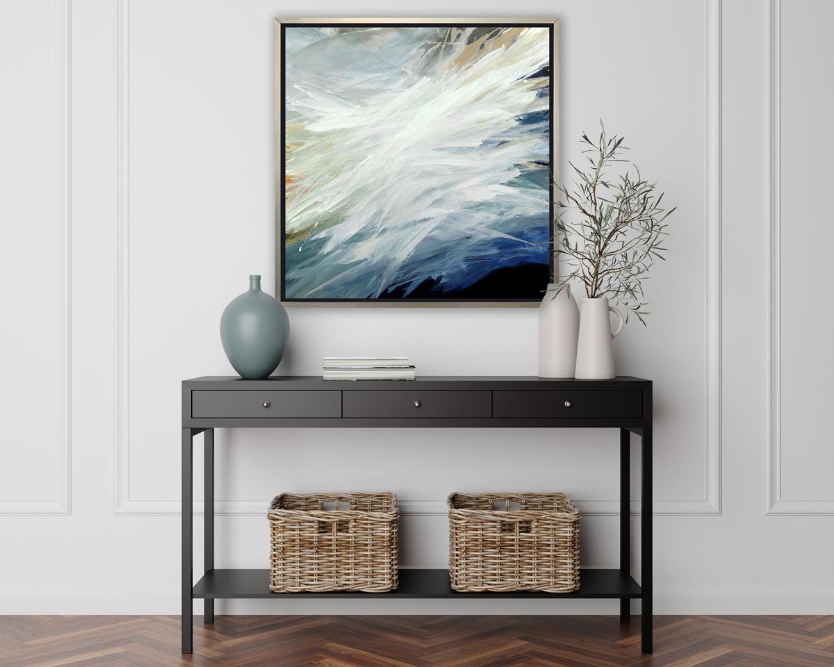 This contemporary abstract limited edition print by Teodora Guererra features a cool palette, with varying tones of blue layered over top of one another, and warm yellow ochre accents throughout. Large strokes of white are layered on top, adding
