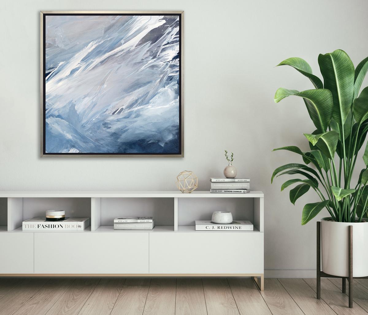 This contemporary limited edition print by Teodora Guererra features a light, cool palette, with varying shades of blue, grey, and muted violet applied in washes that blend together and create movement up toward the top right-hand corner of the