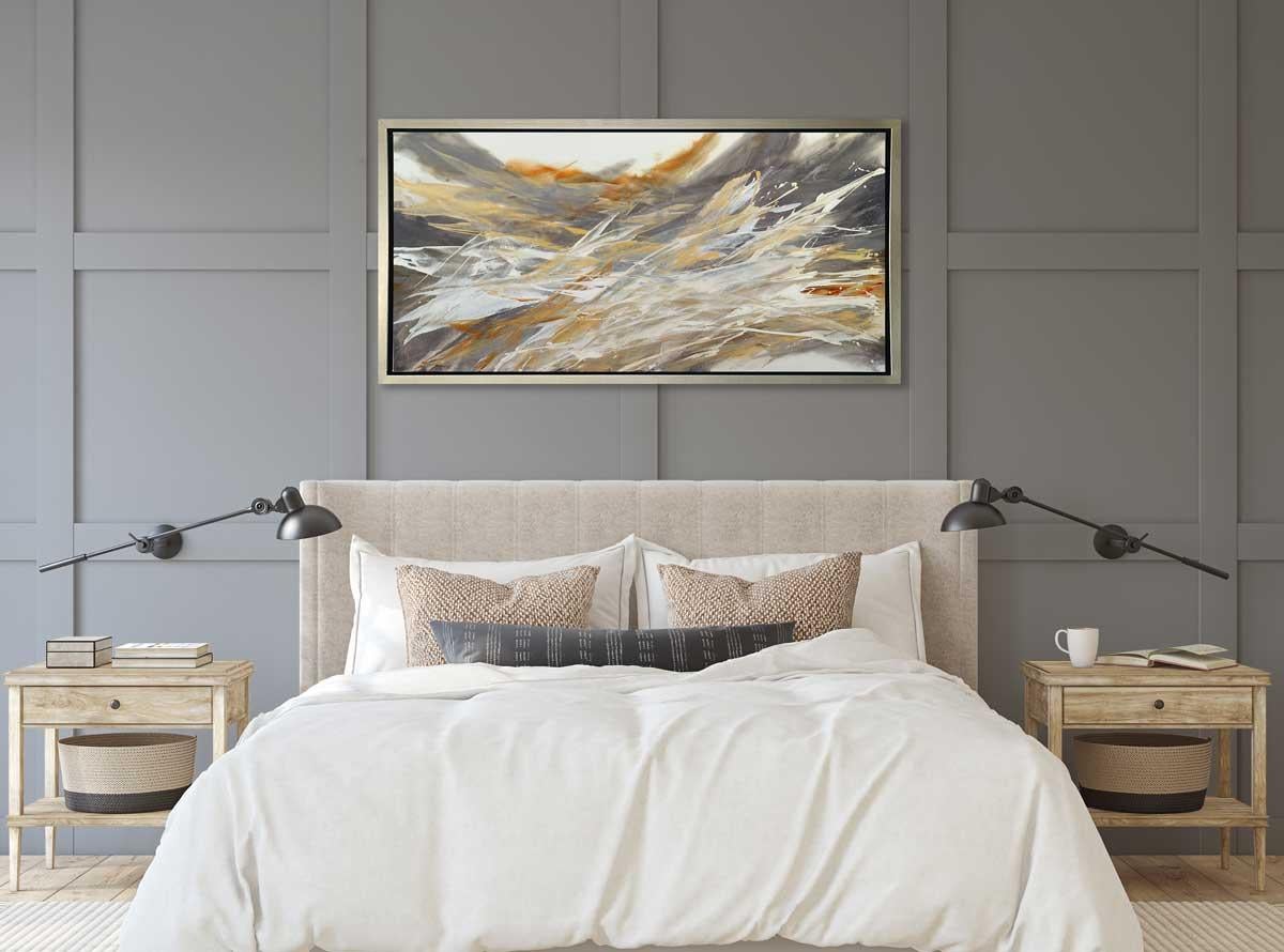 This abstract limited edition print by Teodora Guererra features a warm palette, with large strokes and washes of grey, muted yellow-orange, burnt sienna, and white, which move across the painting toward the left and right edges of the composition.