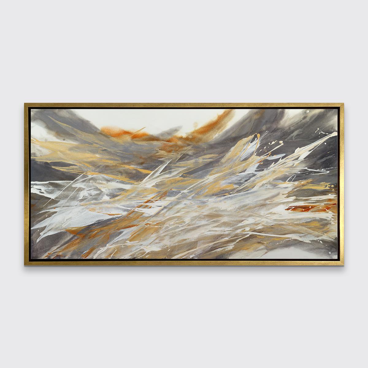 This abstract limited edition print by Teodora Guererra features a warm palette, with large strokes and washes of grey, muted yellow-orange, burnt sienna, and white, which move across the painting toward the left and right edges of the composition.