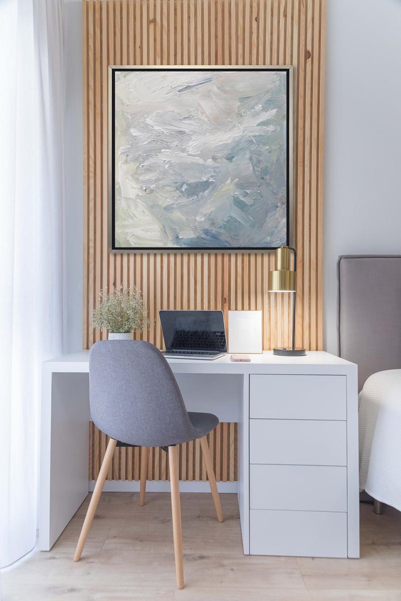 This abstract limited edition print by contemporary artist Teodora Guererra features a cool blue, white, and muted green palette, with energetic strokes throughout the composition. This print pairs beautifully with Dust Under the Rug I - a limited