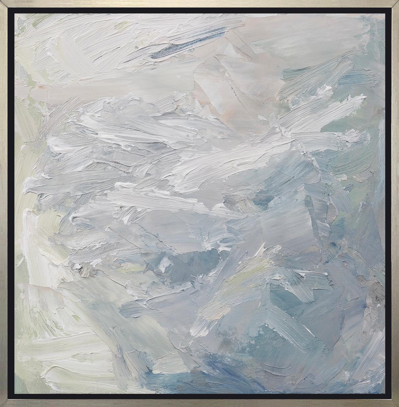 This abstract limited edition print by contemporary artist Teodora Guererra features a cool blue, white, and muted green palette, with energetic strokes throughout the composition. This print pairs beautifully with Dust Under the Rug I - a limited