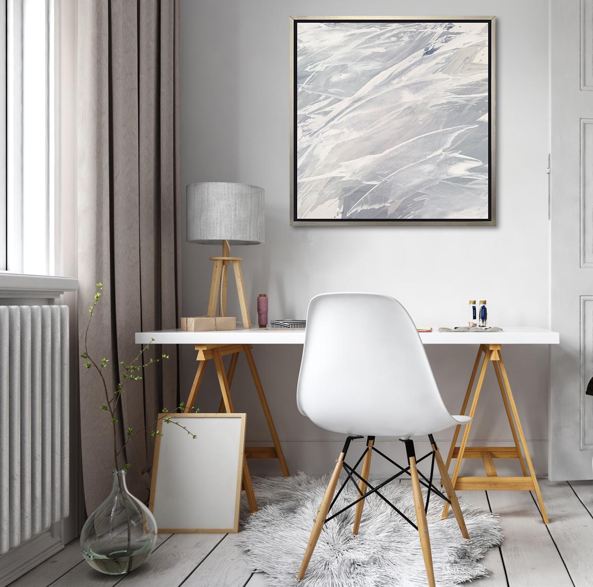 This contemporary limited edition print by Teodora Guererra features a warm grey and white palette, with layers of neutral colors that almost splash across the composition. This print pairs beautifully with the Grey Goose I and Grey Goose II limited