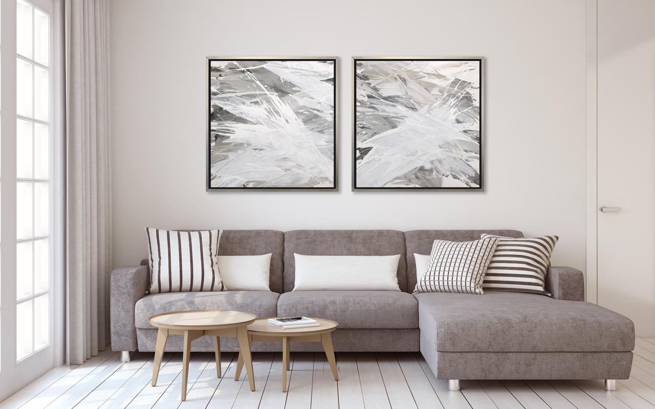 This contemporary limited edition print by Teodora Guererra features a warm grey and white palette, with layers of  sweeping neutral colors that splash across the composition. This print pairs beautifully with the Grey Owl II limited edition print