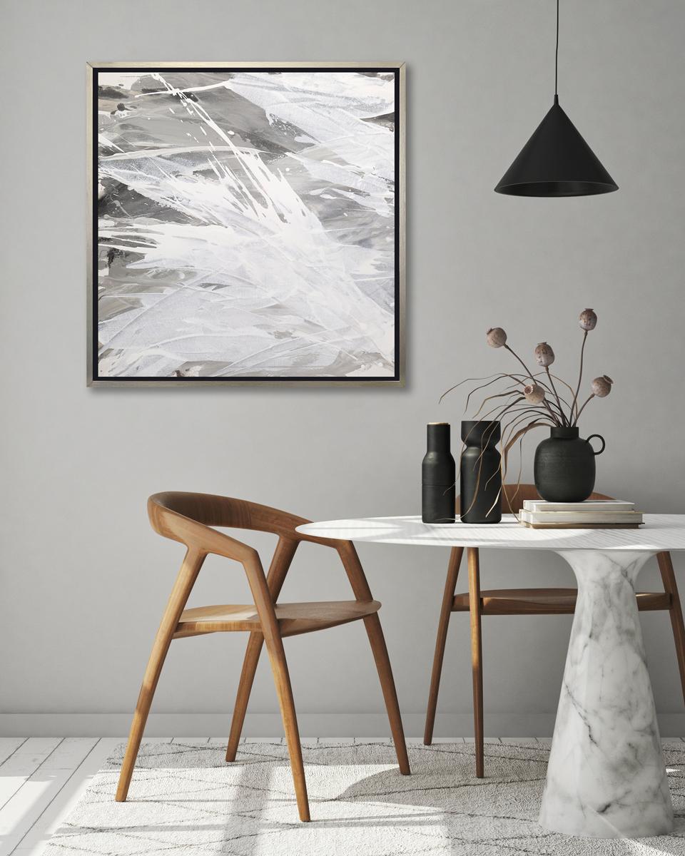 This contemporary limited edition print by Teodora Guererra features a warm grey and white palette, with layers of  sweeping neutral colors that splash across the composition. This print pairs beautifully with the Grey Owl II limited edition print