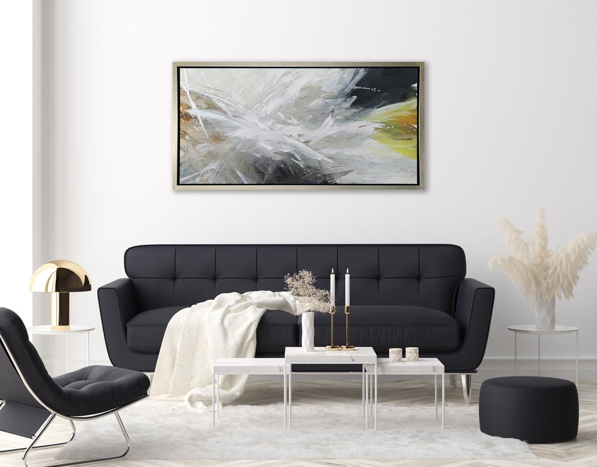 This abstract limited edition print by Teodora Guererra features large, splashing strokes of grey and white over thinner washes of charcoal black,  yellow, and sienna tones. 

This Limited Edition giclee print by Teodora Guererra is an edition size
