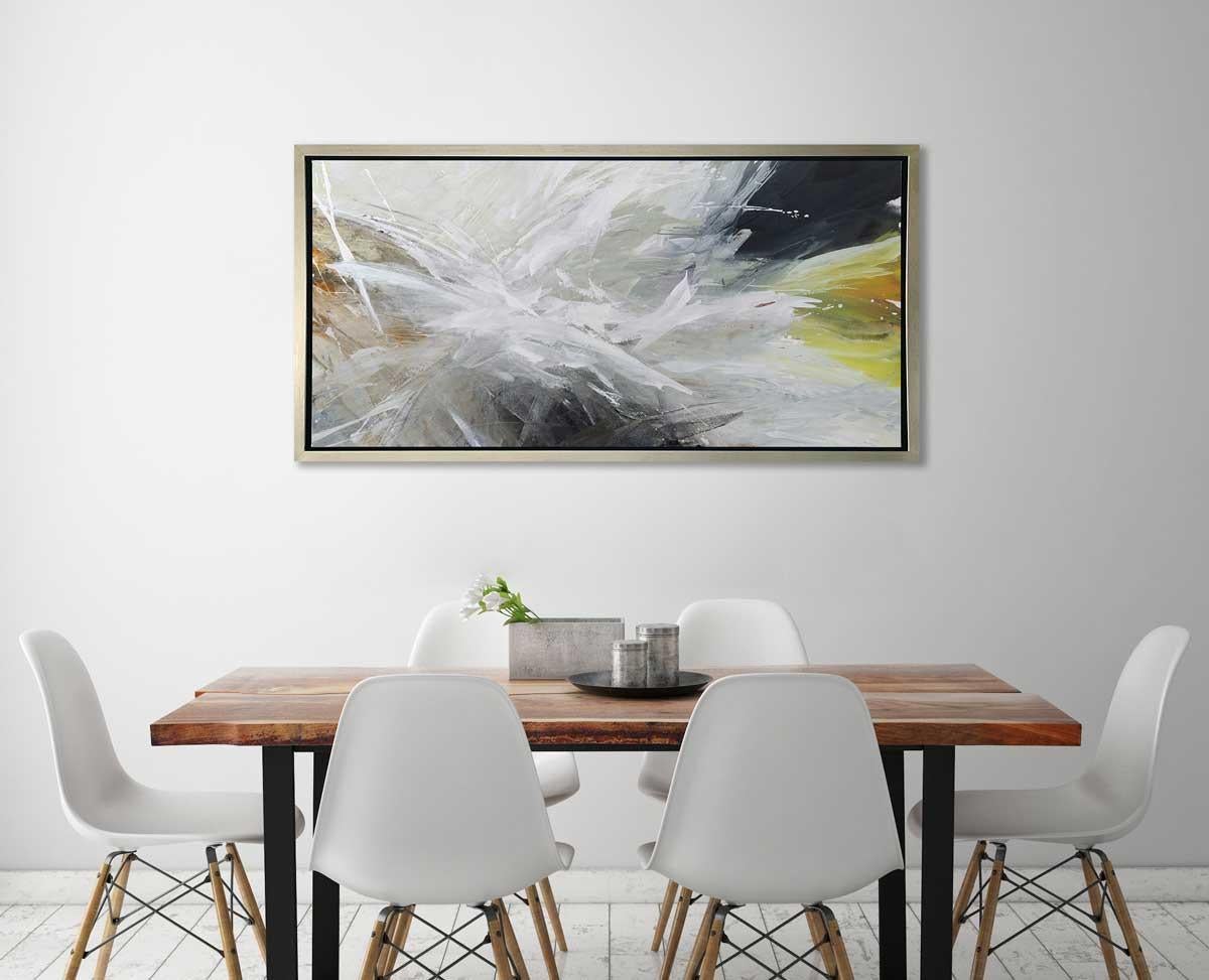 This abstract limited edition print by Teodora Guererra features large, splashing strokes of grey and white over thinner washes of charcoal black,  yellow, and sienna tones. 

This Limited Edition giclee print by Teodora Guererra is an edition size