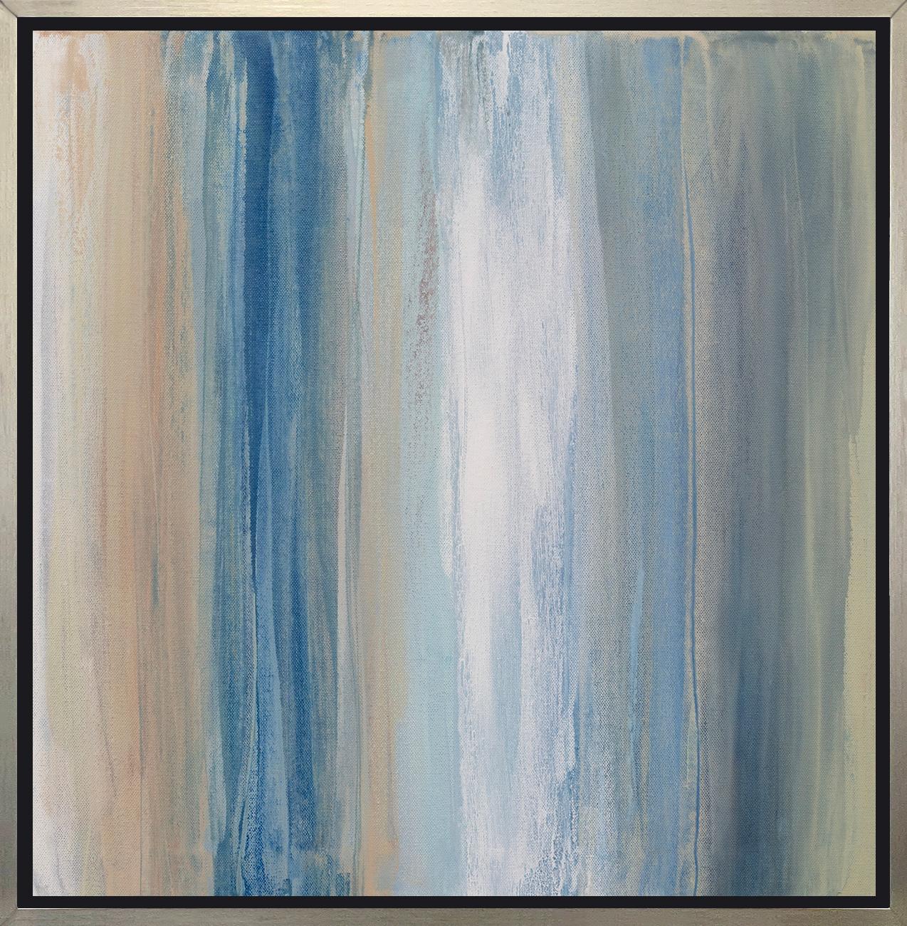 This contemporary limited edition print by Teodora Guererra features a colorful palette with white, muted orange, green, and varying blue tones layered in light, vertical strokes together for a balanced abstract composition. This print pairs