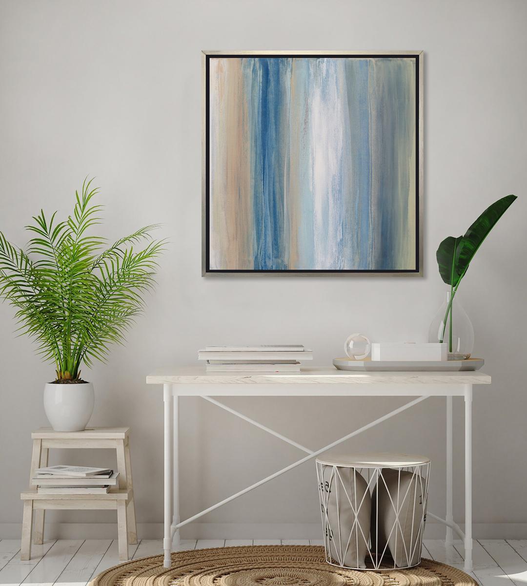This contemporary limited edition print by Teodora Guererra features a colorful palette with white, muted orange, green, and varying blue tones layered in light, vertical strokes together for a balanced abstract composition. This print pairs