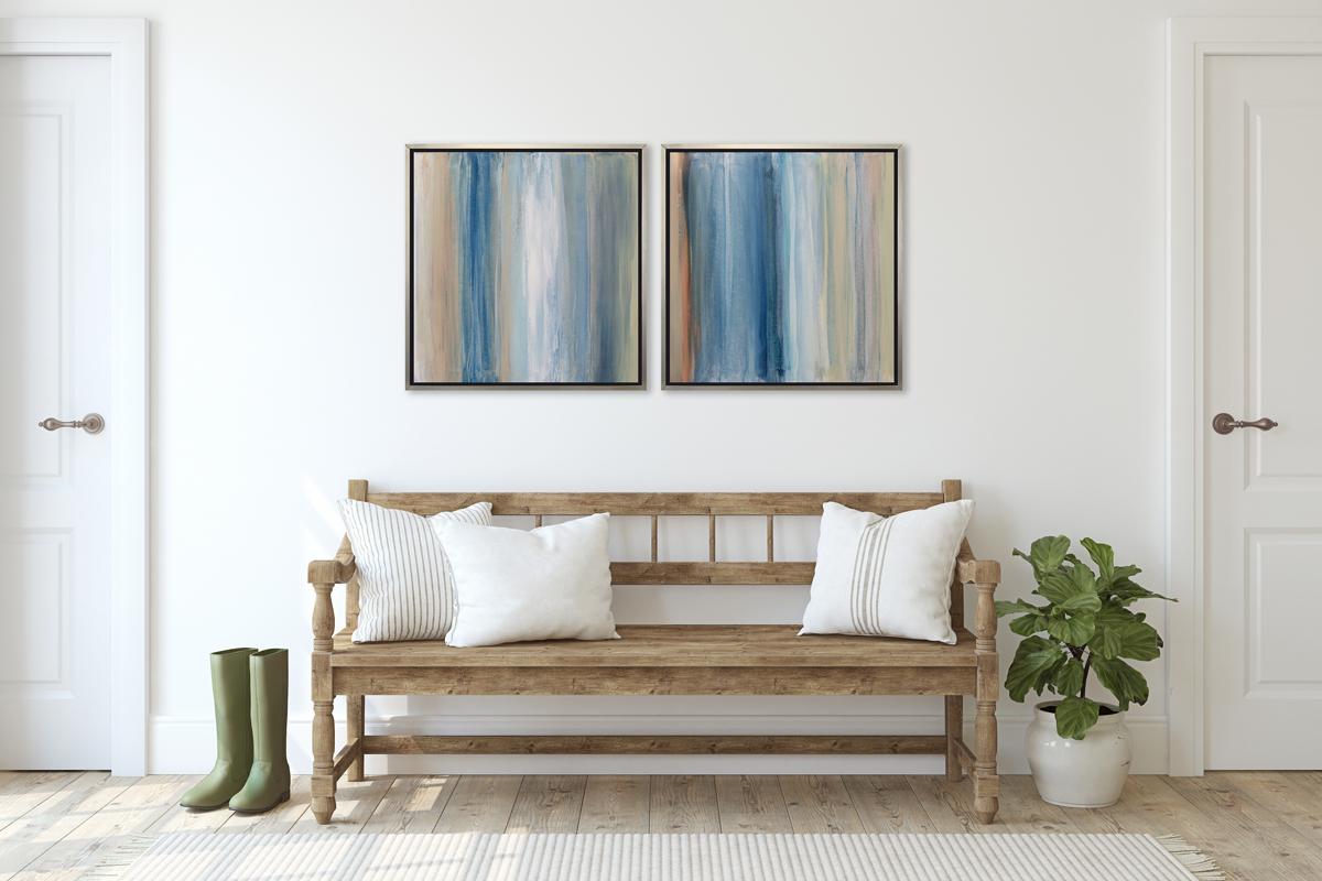 This contemporary limited edition print by Teodora Guererra features a colorful palette with white, muted orange, green, and varying blue tones layered in light, vertical strokes together for a balanced abstract composition. This print pairs