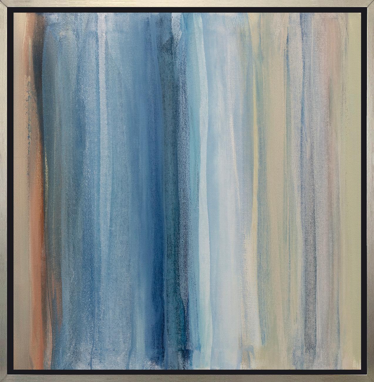 This contemporary limited edition print by Teodora Guererra features a colorful palette with white, muted orange, green, and varying blue tones layered in light, vertical strokes together for a balanced abstract composition. This print pairs