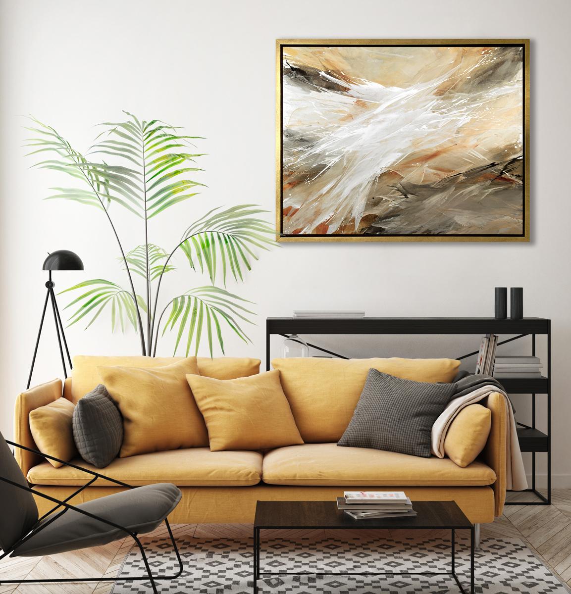 This abstract limited edition print by Teodora Guererra features a warm palette, with thin layers of warm grey and burnt sienna tones layered over top of one another. White is layered on top, creating an energetic movement that spans out from the