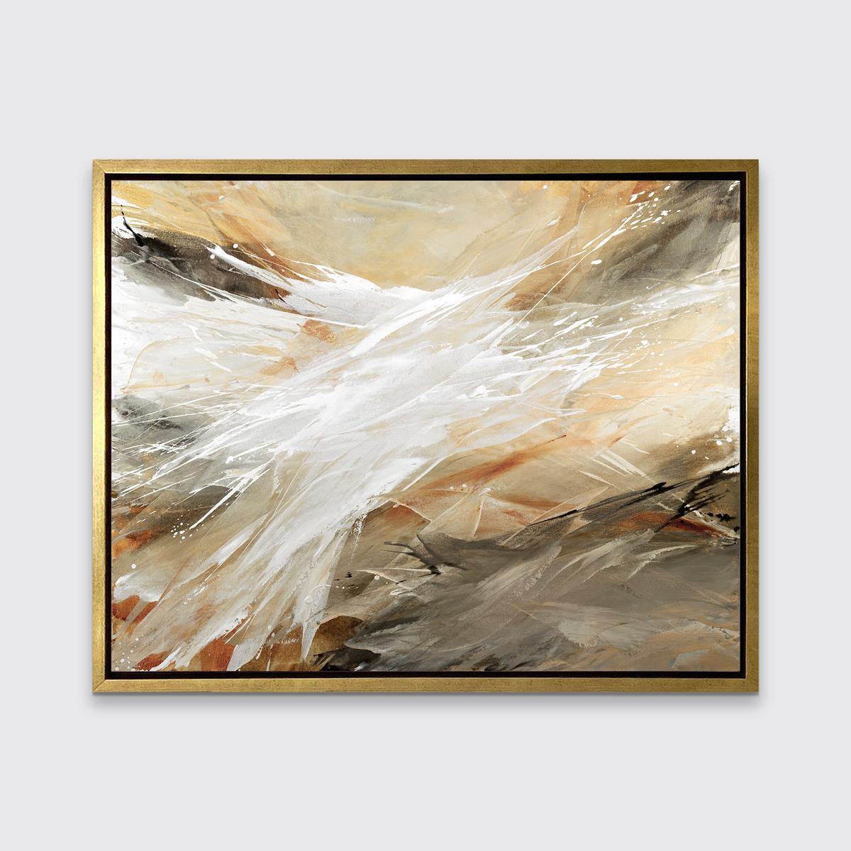 This abstract limited edition print by Teodora Guererra features a warm palette, with thin layers of warm grey and burnt sienna tones layered over top of one another. White is layered on top, creating an energetic movement that spans out from the