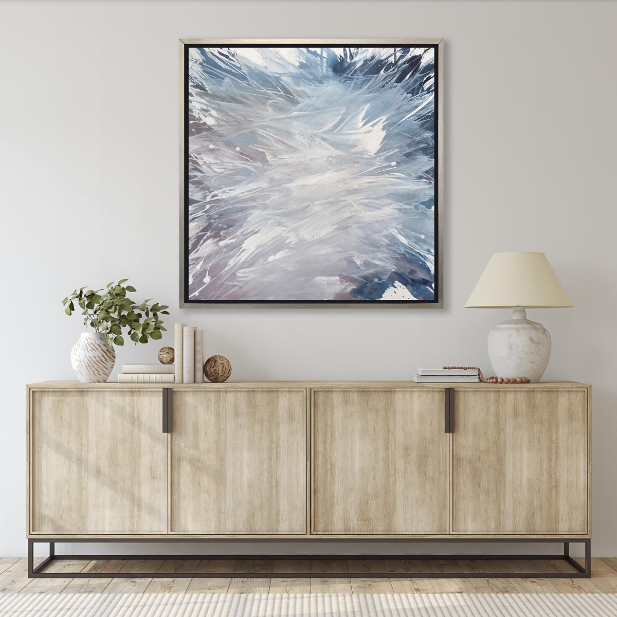 This contemporary abstract limited edition print by Teodora Guererra features a cool palette with varying shades of blue, as well as a warm violet and white, and broad, sweeping gestures, creating an almost splashing effect for added energy and