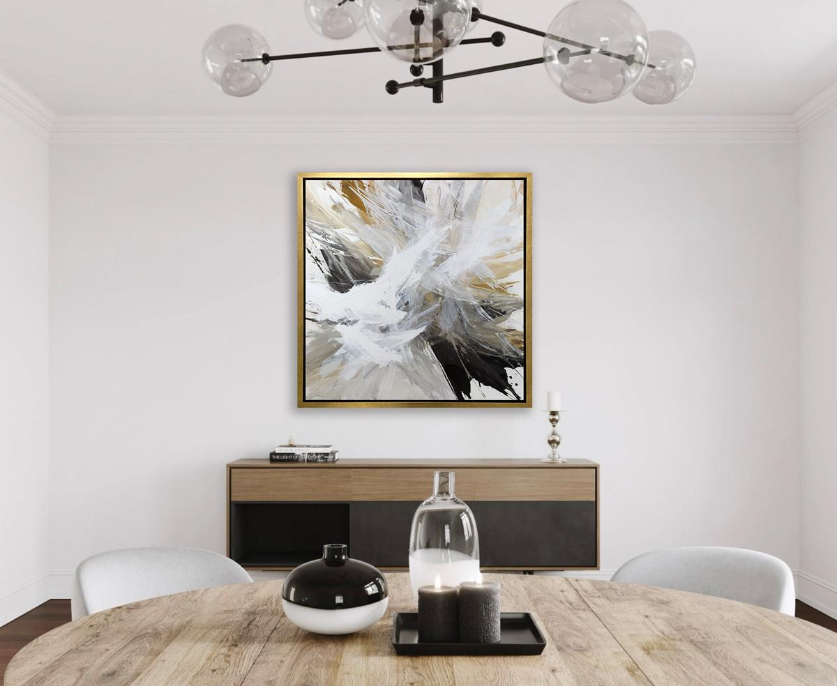 This abstract limited edition print by Teodora Guererra features a warm, neutral palette. Layers of charcoal, grey, gold, and white colors in large, broad strokes sweep out from the center of the composition creating a flowing movement and energy.