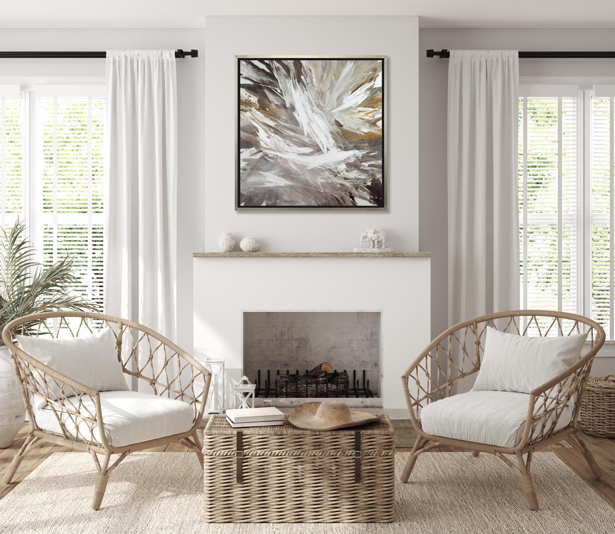 This abstract limited edition print by Teodora Guererra features a warm, neutral palette. Layers of charcoal, grey, gold, and white colors in large, broad strokes sweep out from the center of the composition creating a flowing movement and energy.