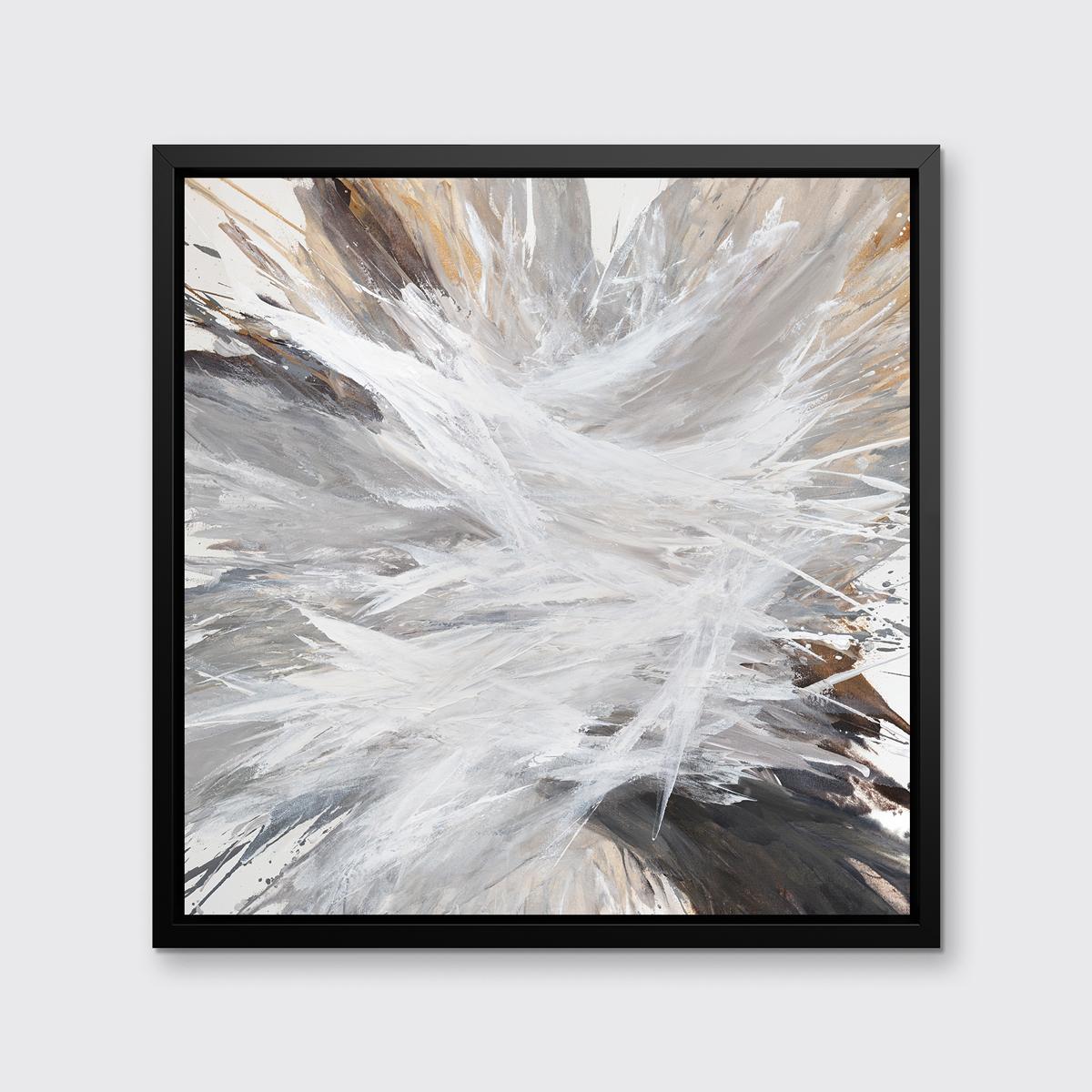 This abstract limited edition print by Teodora Guererra features a warm neutral palette with charcoal and light grey, white, and gold. Broad strokes are layered and move out from the center of the composition with an energetic burst toward the edges