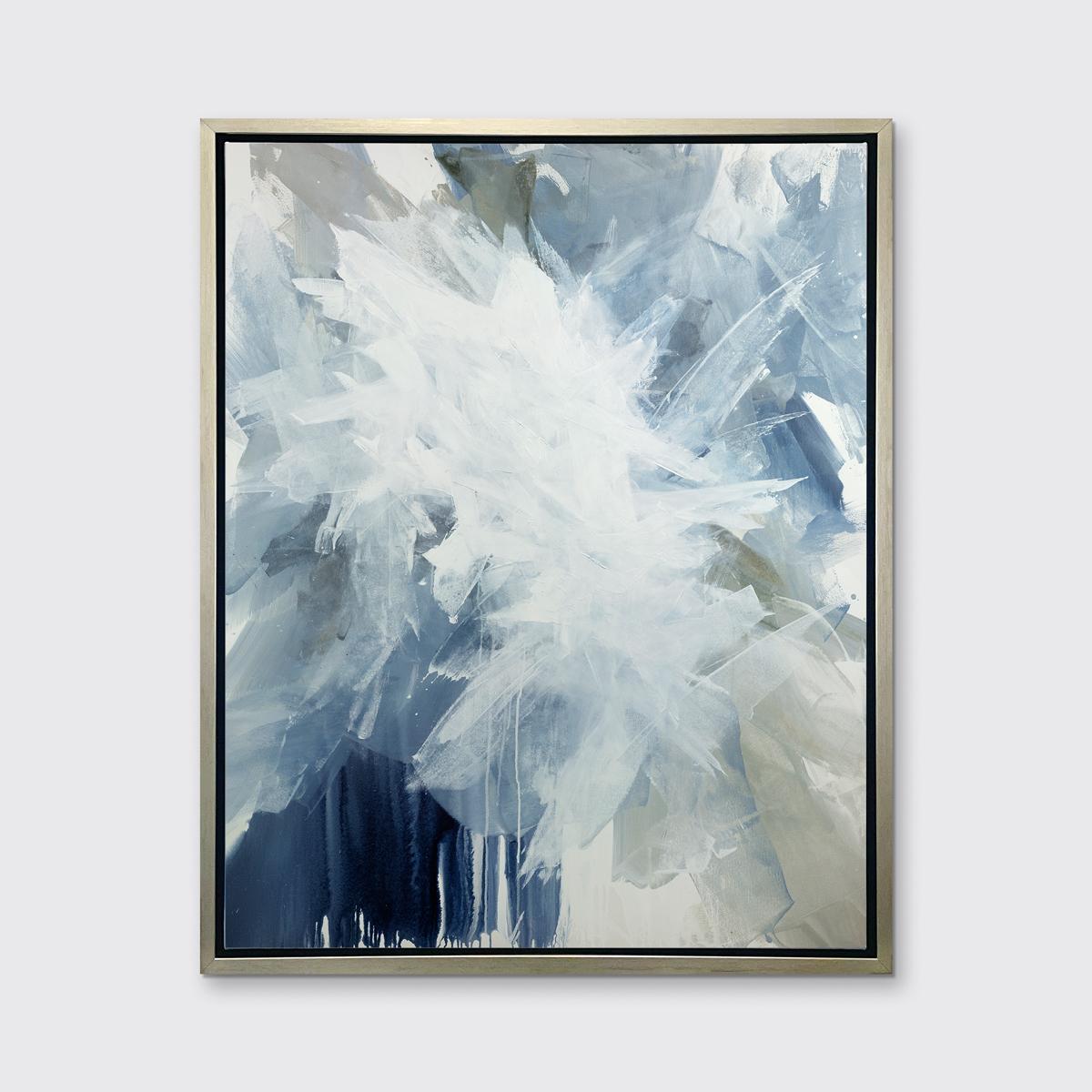 This contemporary limited edition print by Teodora Guererra features large, energetic strokes of varying blue tines which blend with a warm neutral greige and white overtop, adding depth and dimension to the abstract composition. 

This Limited