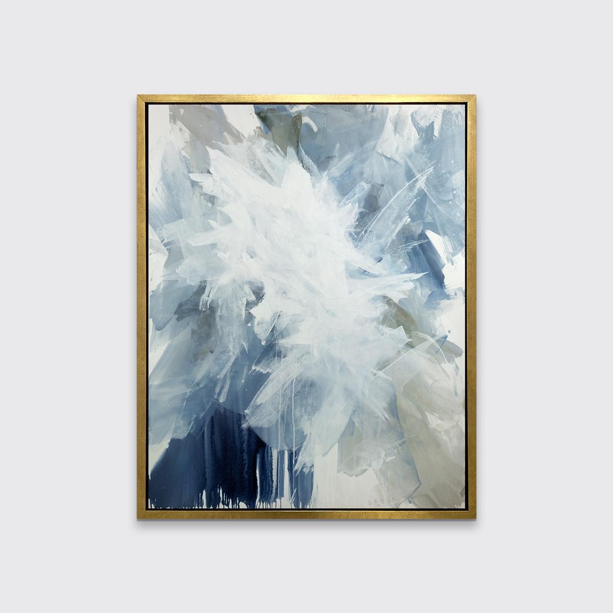 This contemporary limited edition print by Teodora Guererra features large, energetic strokes of varying blue tines which blend with a warm neutral greige and white overtop, adding depth and dimension to the abstract composition. 

This Limited