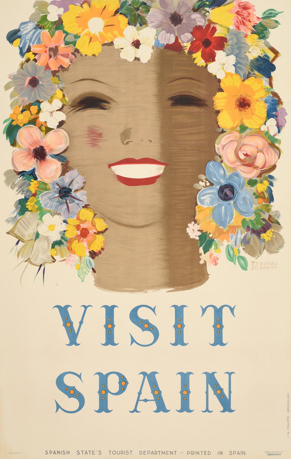 Teodoro Delgado Print - Original Vintage Poster Visit Spain Travel Floral Design Flowers Art Typography