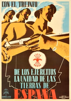 Affiche vintage d'origine de la guerre civile espagnole Con El Triunfo, Triumphe d'unité des armoiries