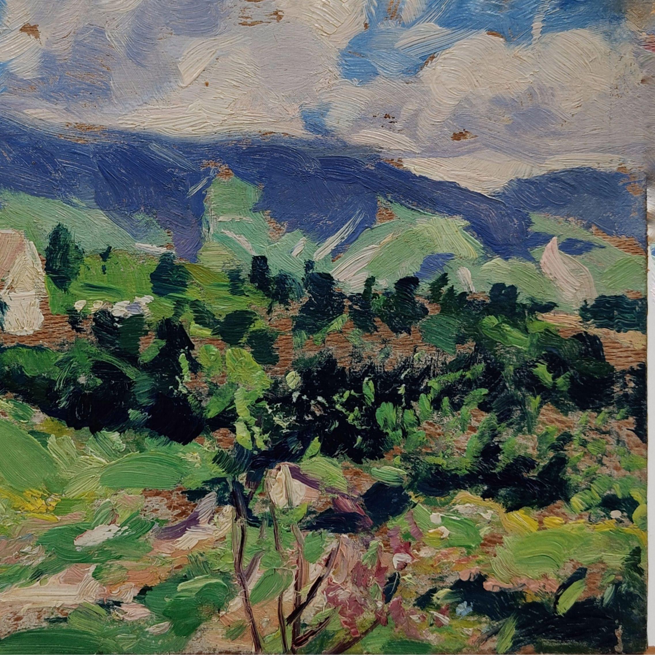 Huile sur panneau Vue du Monte Grappa et de Boccaor, T. Wolf Ferrari - 1934, Italie - Gray Landscape Painting par Teodoro Wolf Ferrari