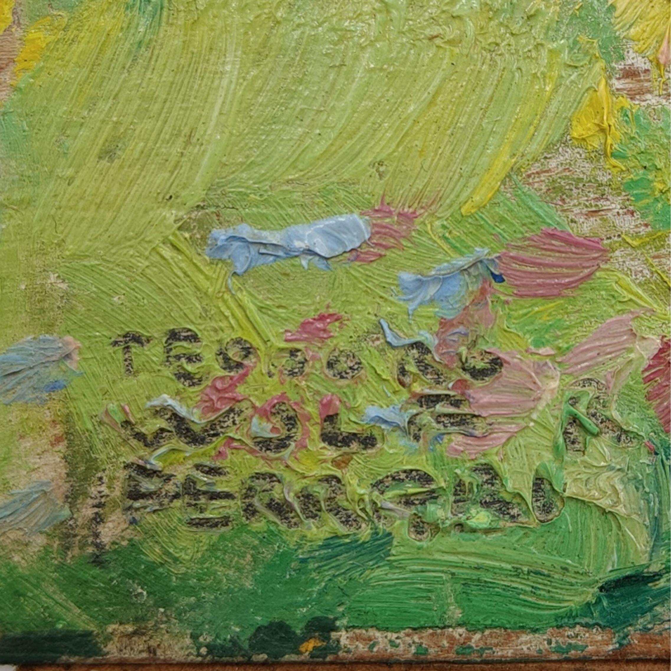 Huile sur panneau de Teodoro Wolf ferrari exécutée en 1934, mesurant 23,5x16 cm.
Le thème le plus étudié est le paysage. Les atmosphères immobiles et raréfiées, accompagnées du jeu des doubles, caractérisées par les coups de pinceau précis et larges