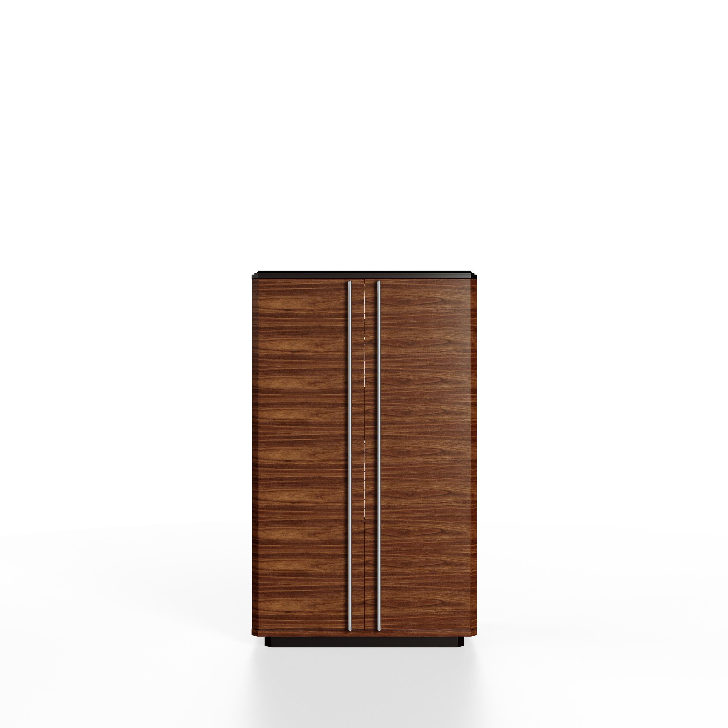 Teomondo Cabinet with Doors in Smoked Eucalyptus and Walnut by Ultramobili
Dimensions:  W 90 x D 55 x H 150 cm
Materials: Wooden structure Bar Cabinet with doors in Smoked Eucalyptus / Eucalipto Affumicato veneer in gloss finish.

Wooden structure