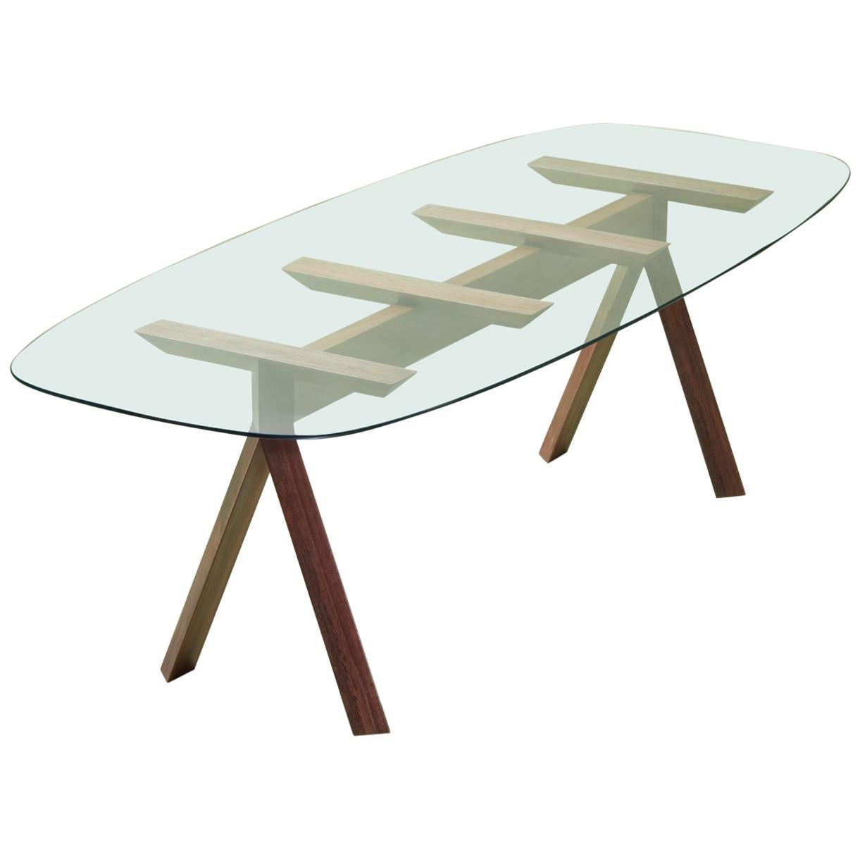Table de salle à manger Tepac en bois dur avec plateau en verre, design contemporain brésilien