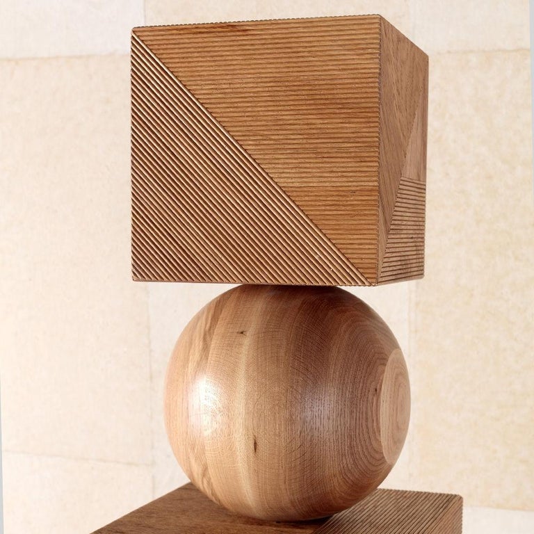 Contemporary Kelly Wearstler Geometric Tephra Totem Sculpture in Ribbed Natural Oak For Sale