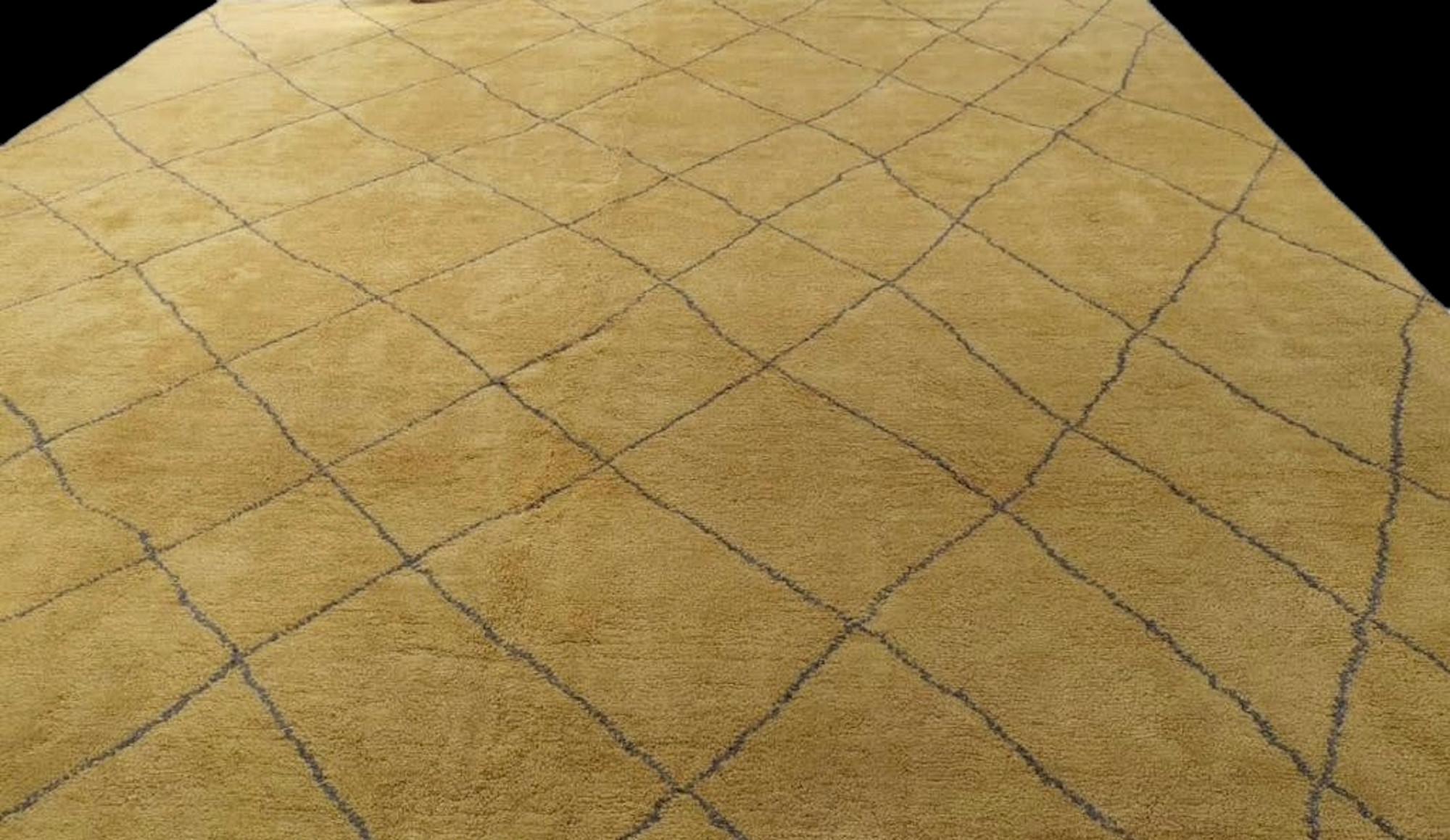 Dies im marokkanischen Stil handgeknüpfter Übermaß Teppich besticht durch seine hochwertigen Wolle und zeichnet sich durch sein einfaches, geometrisches Design aus. Er fühlt sich durch seinen längeren Flor sehr angenehm weich aus und ist sehr