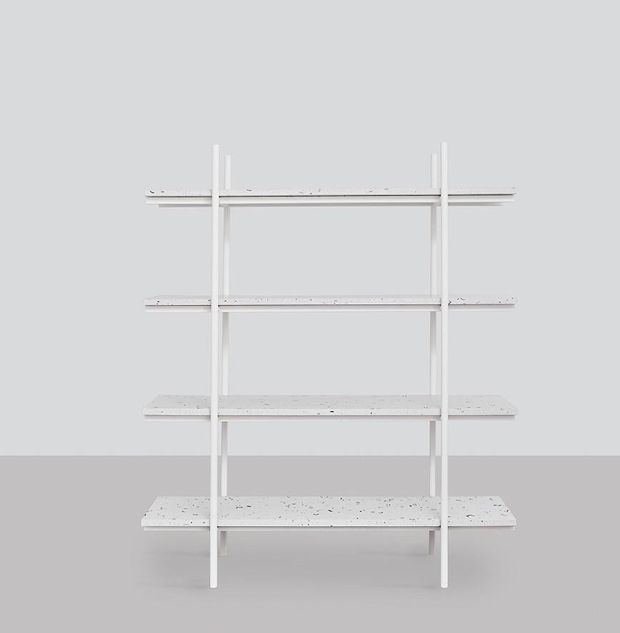Terazzo Bobo shelf by Llot Llov
Dimensions: W 160 x D 39 x H 135 cm
Materials: Powder coated steel, glacier surface, nail polish terazzo

The linear shelf BOBO completes the collection. Each GLACIER shelving board is made in Germany and can be