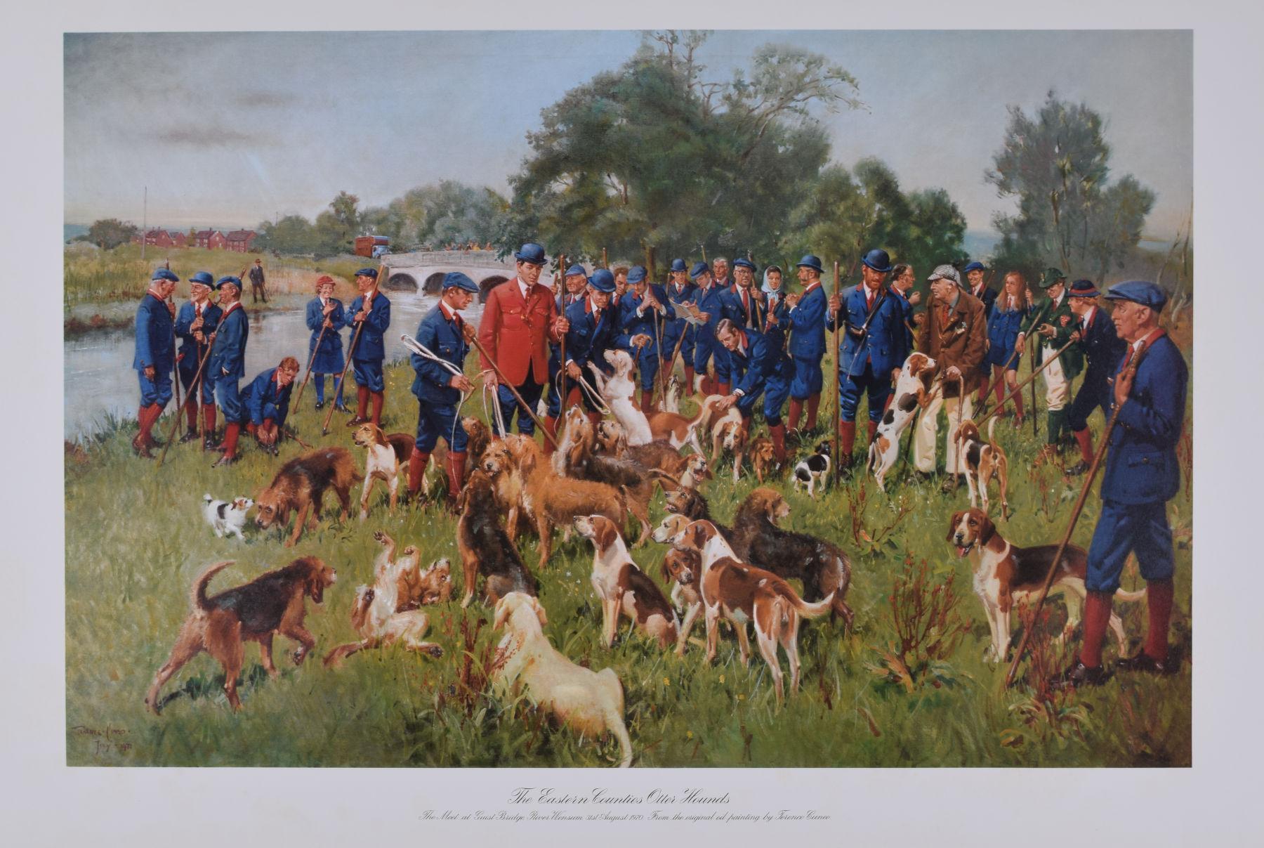 To see our other hunting pictures, scroll down to "More from this Seller" and below it click on "See all from this Seller" and then search.

Terrence Cuneo (1907 - 1996)
Eastern Counties Otter Hounds (1971)
Lithograph
56 x 80 cm 

The meet at Guist