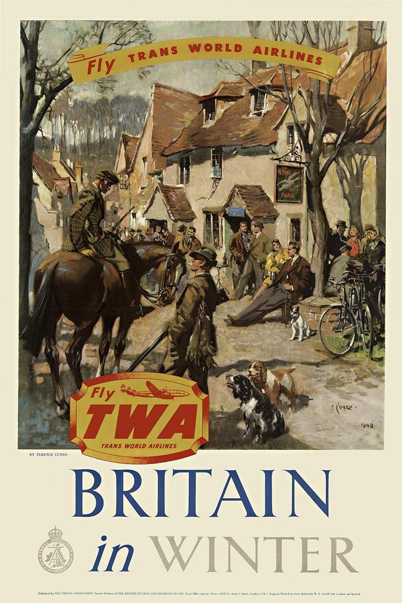Original Fly TWA Britain in Winter  vintage travel poster  Constellation  - Art by Terence Cuneo