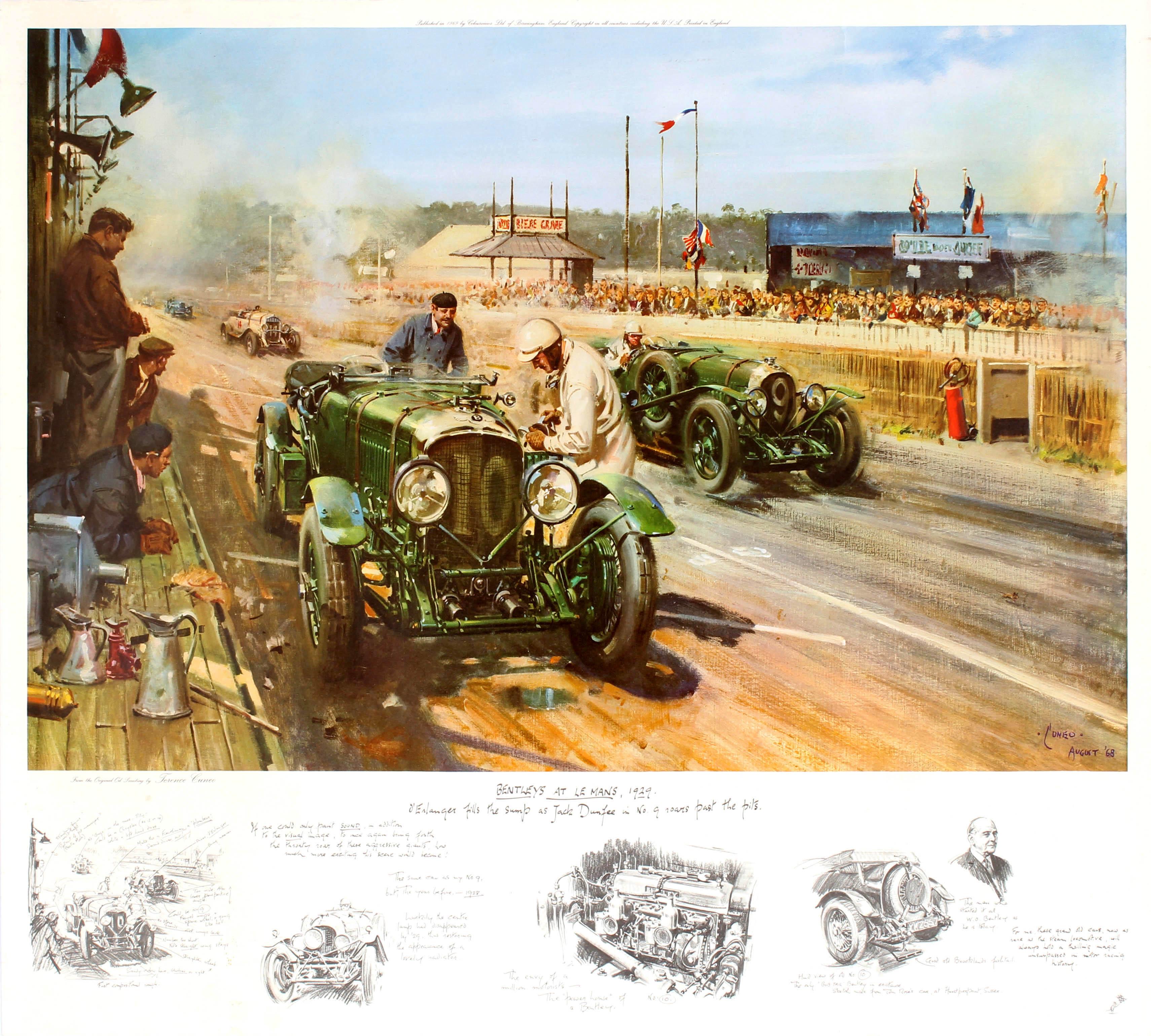 Terence Cuneo Print - Original Vintage Bentley Motor Poster By Cuneo Bentleys At Le Mans 1929 Car Race