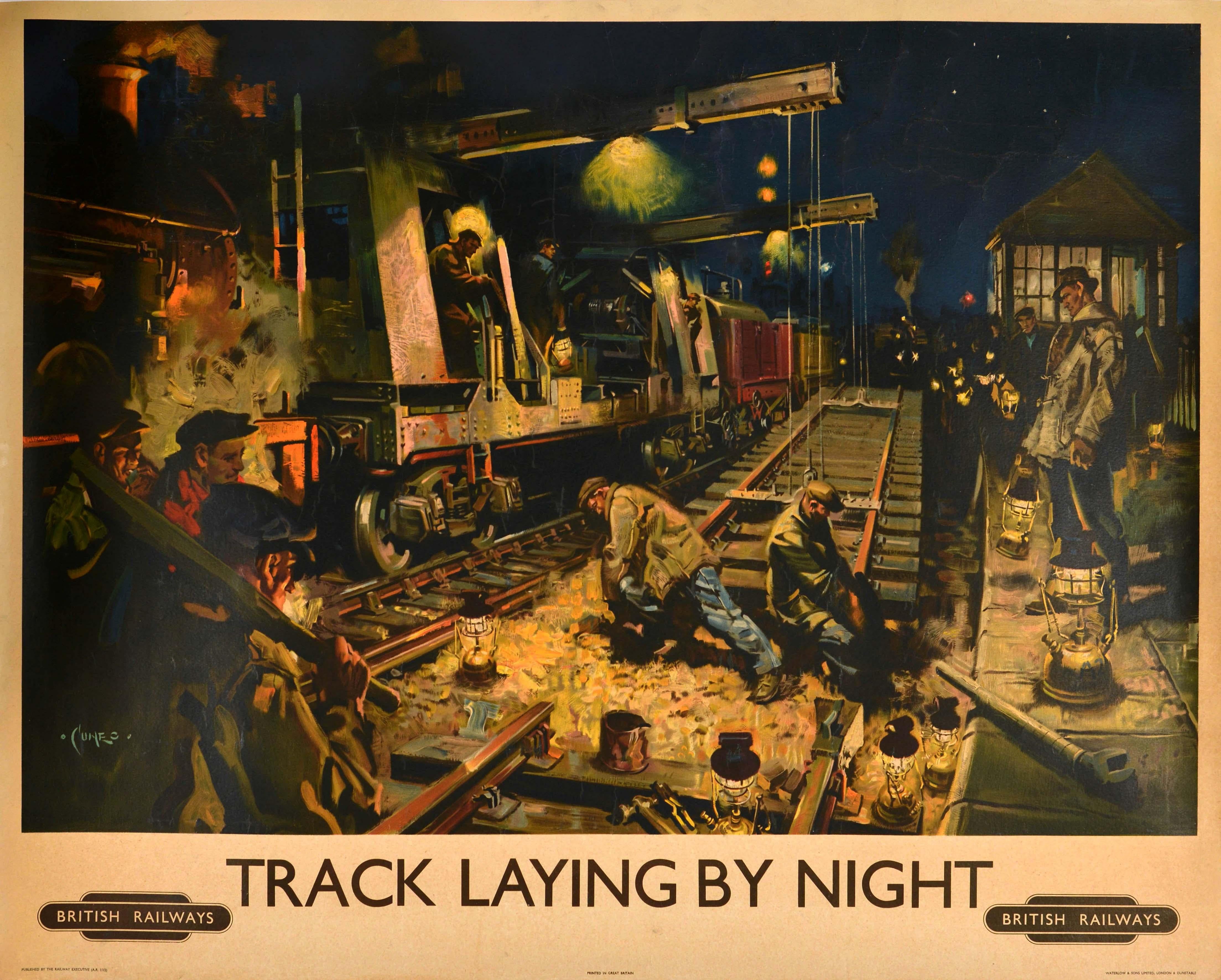 Original vintage British Railways poster - Track Laying By Night - featuring a stunning industrial image of men working by overhead lights and lanterns laying new railway tracks under the night sky with the title text and British Railways logo on