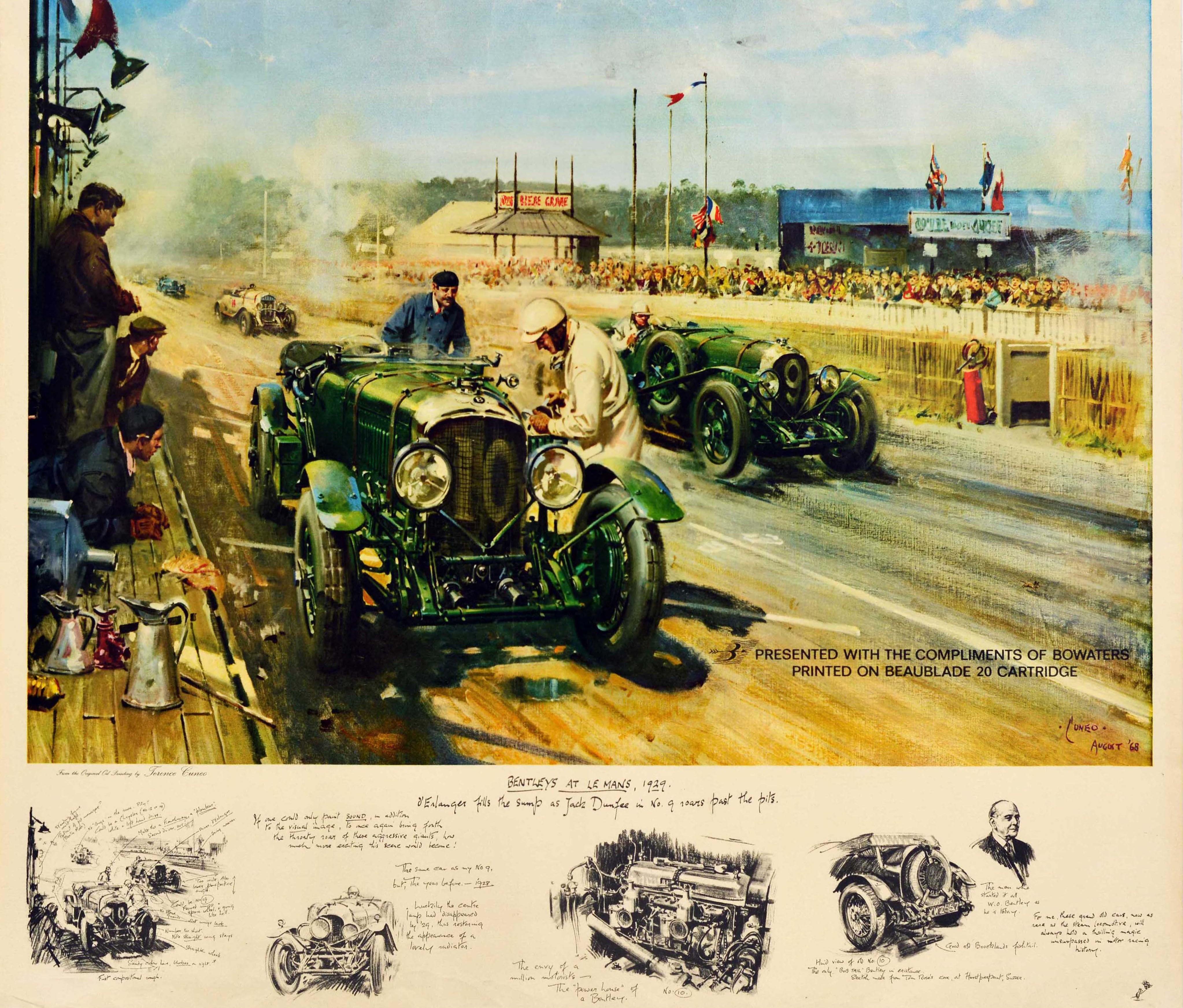 Original vintage motor sport poster titled Bentleys at Le Mans, 1929 celebrating the wins by the British car manufacturer Bentley Motors at the 24 Heures du Mans endurance car race in June 1929. Dynamic painting by the notable British artist Terence