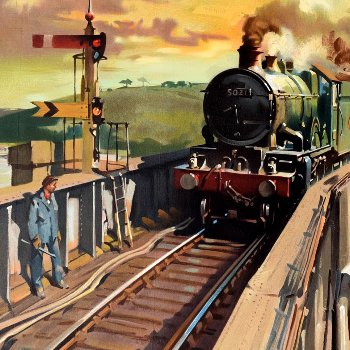 Poster ferroviario originale d'epoca Royal Albert Bridge Saltash Cuneo Devon Cornovaglia - Print di Terence Cuneo