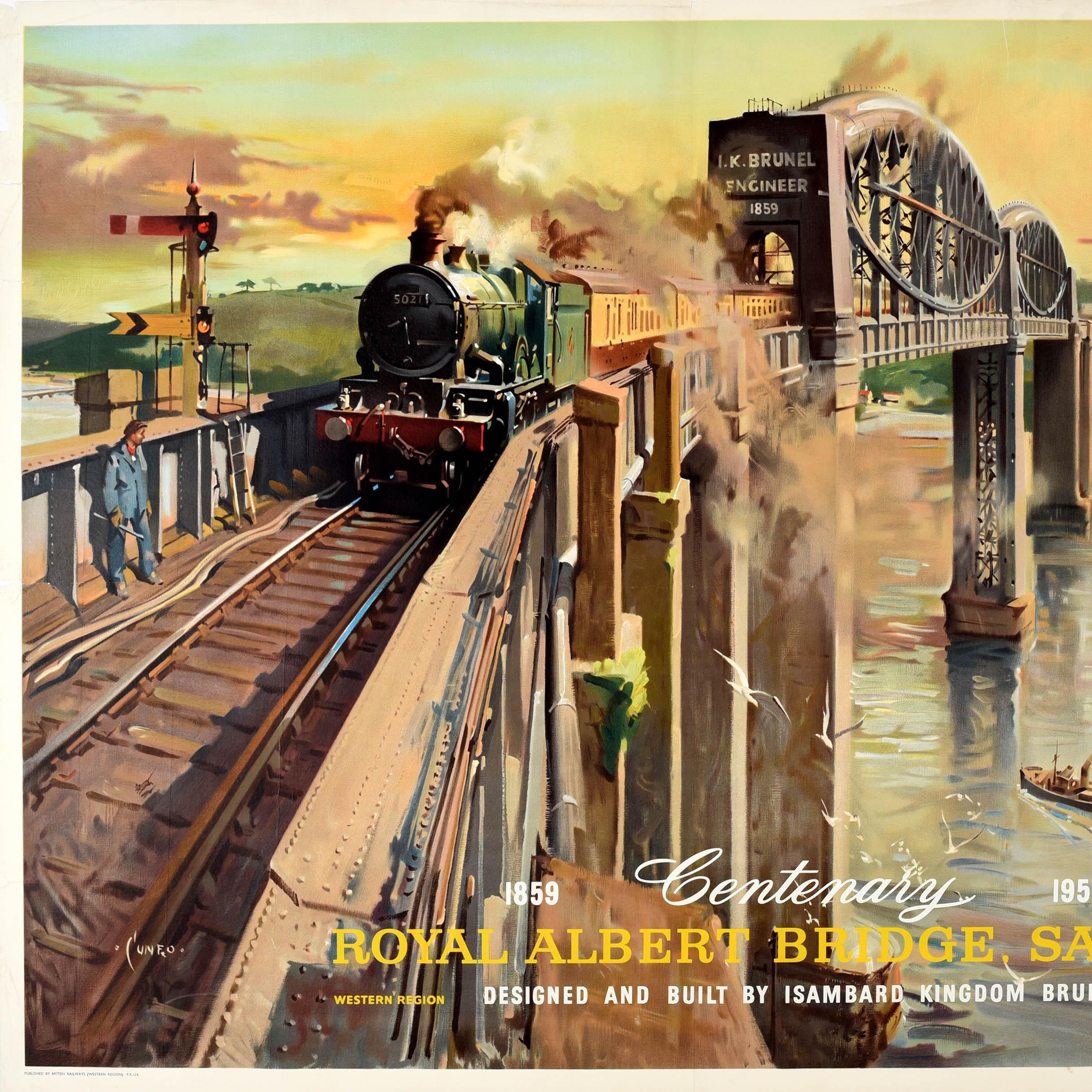 Poster ferroviario originale d'epoca Royal Albert Bridge Saltash Cuneo Devon Cornovaglia - Print Beige di Terence Cuneo