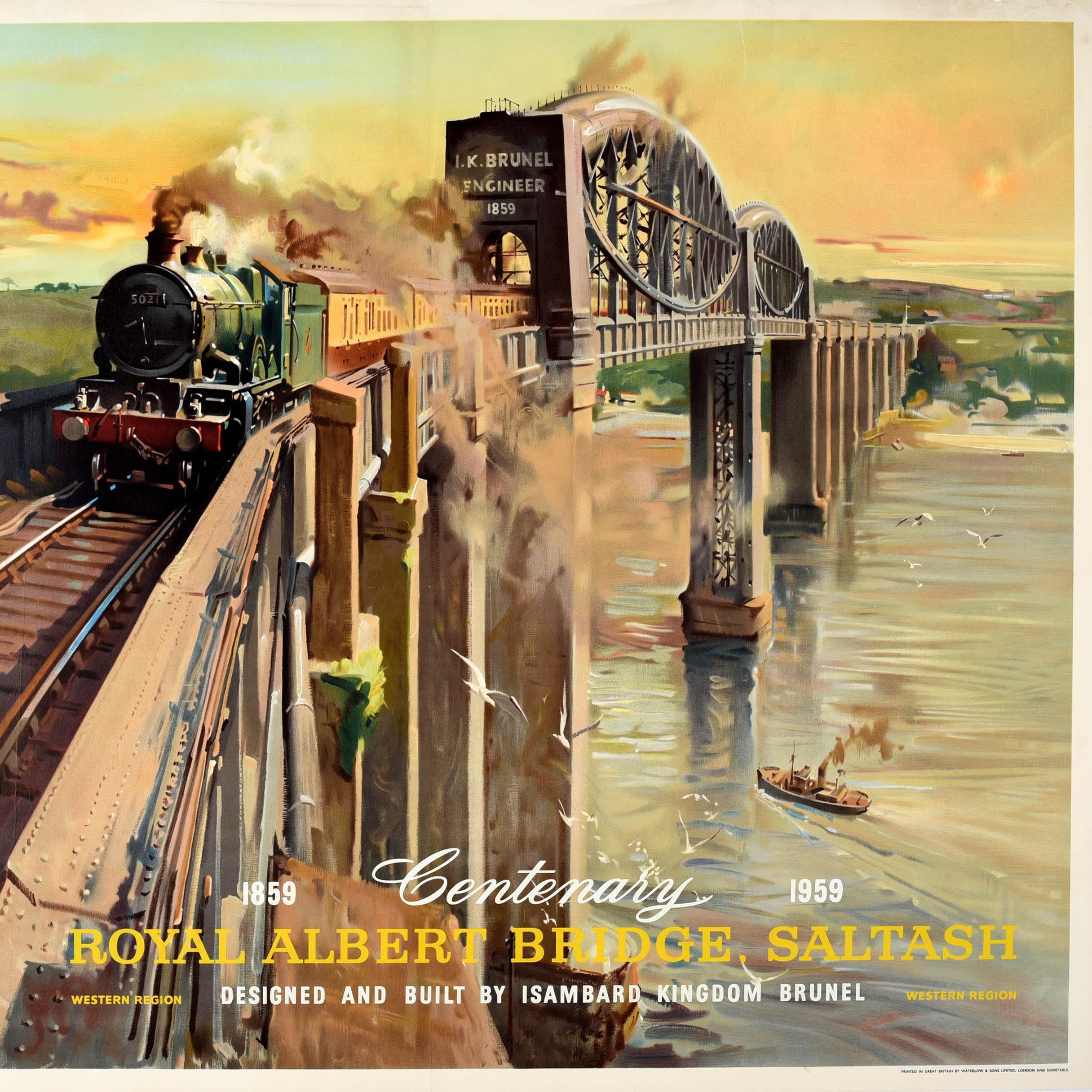 Poster ferroviario originale d'epoca per celebrare il Centenario del Royal Albert Bridge Saltash del 1859 Progettato e costruito da Isambard Kingdom Brunel, con uno splendido dipinto del noto artista britannico Terence Cuneo (1907-1996) che