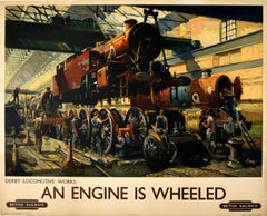 Affiche de voyage originale vintage « An Engine Is Wheeled » (Un moteur de chemin de fer est roulé) - Art Cuneo