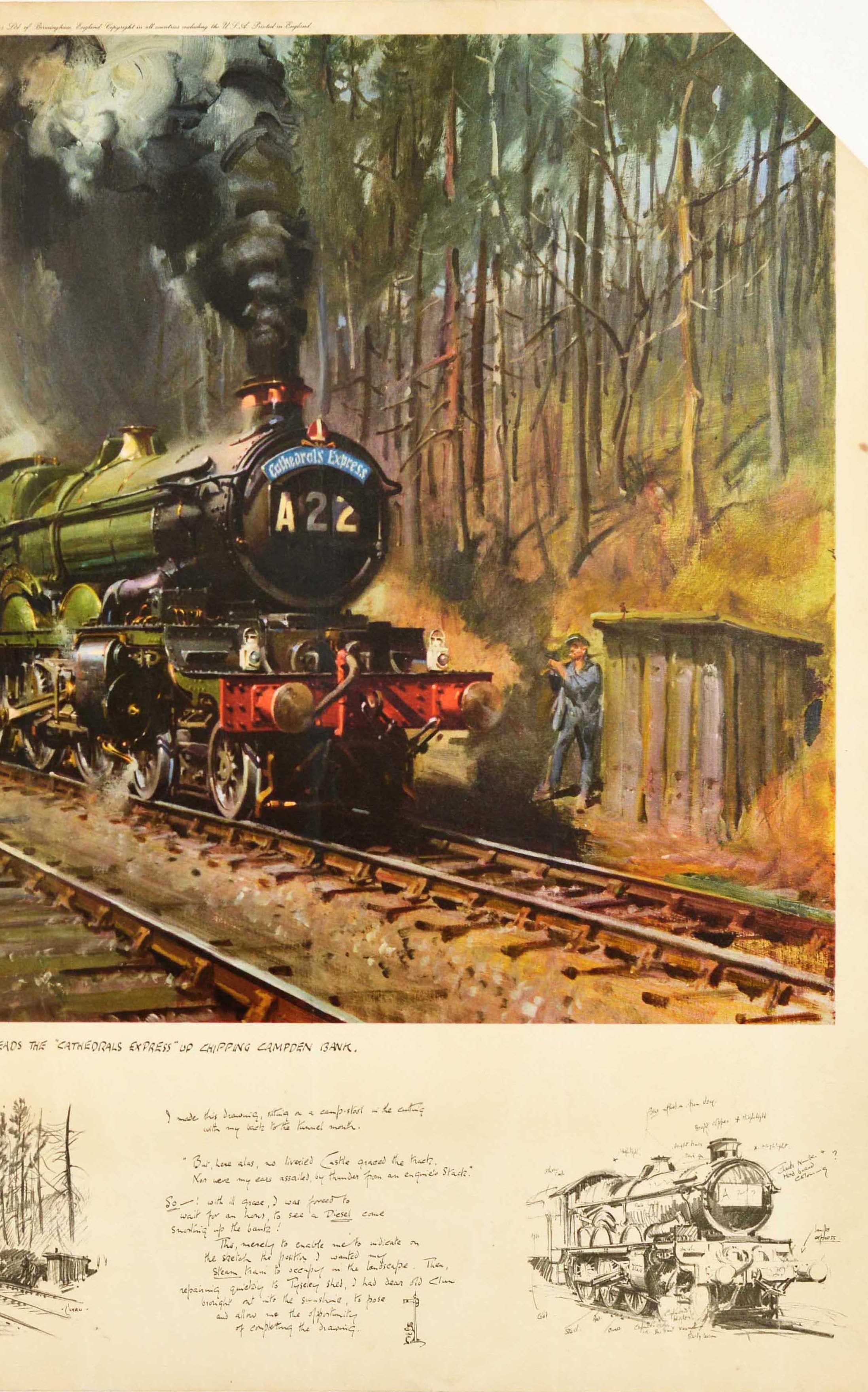 Original vintage travel poster - A Thoroughbred Heads The 'Cathedrals Express' Up Chipping Campden Bank - featuring artwork by the notable British artist Terence Tenison Cuneo (1907-1996) of the Cathedrals Express train with a bishop's mitre crest