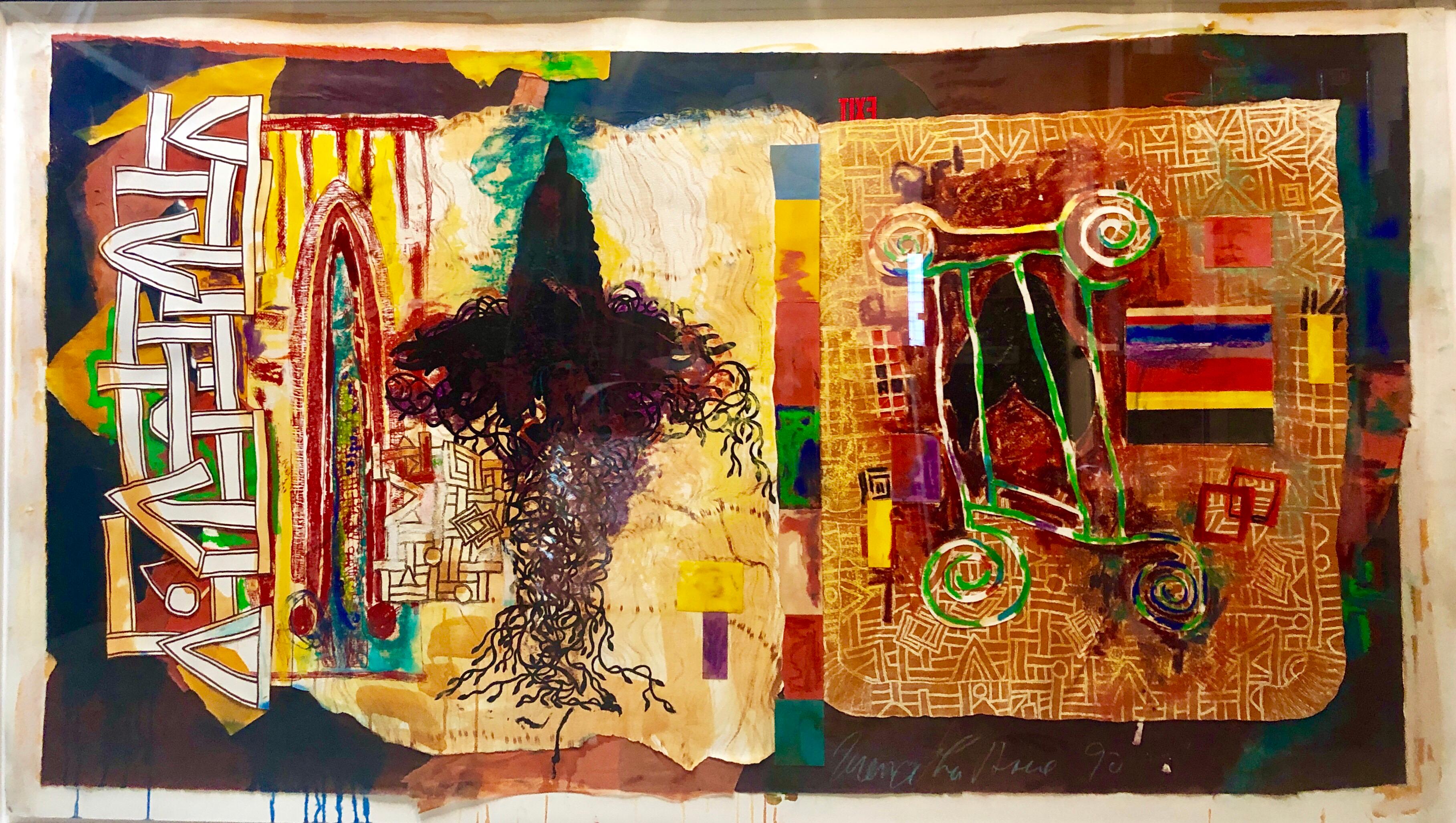 Enorme Pintura Abstracta Modernista "Serie de Agosto" Monotipo de Técnica Mixta Colorido