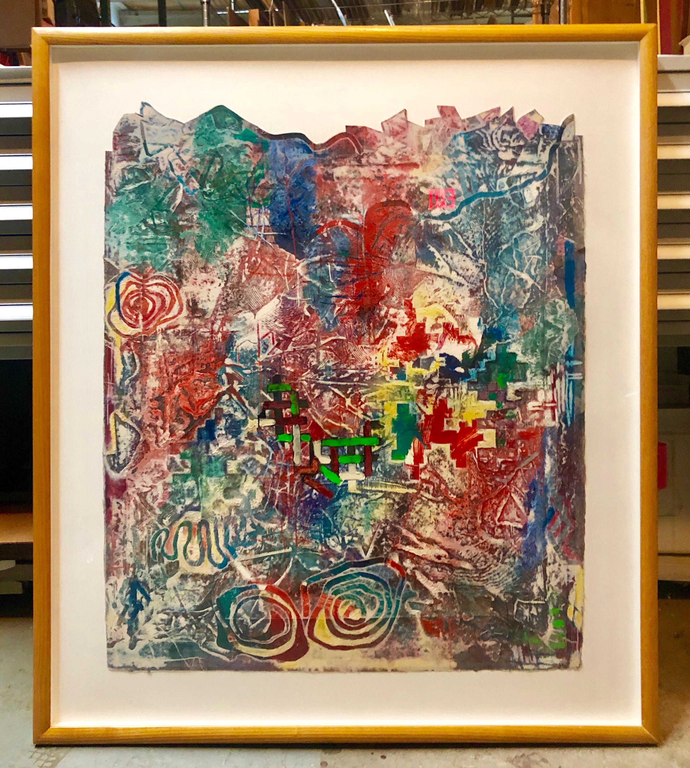 Large Abstract Modernist Monterey Series Mixed Media Monotype Colorful Painting - Brown Abstract Painting by Terence La Noue